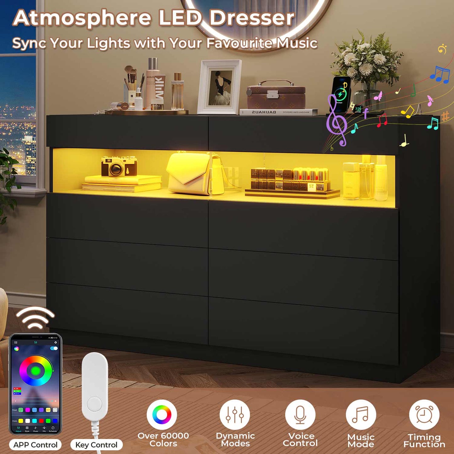 LED 6 Drawers Dresser with Charging Station Black