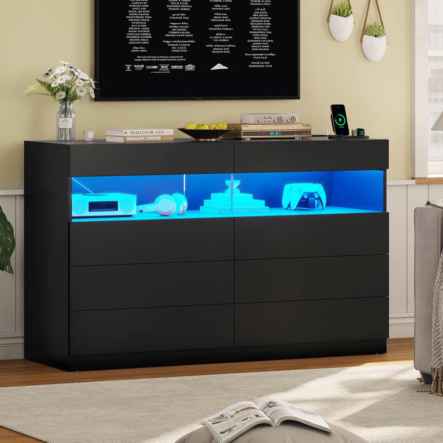 LED 6 Drawers Dresser with Charging Station Black