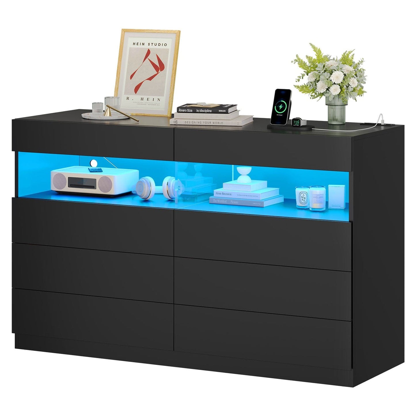 LED 6 Drawers Dresser with Charging Station Black