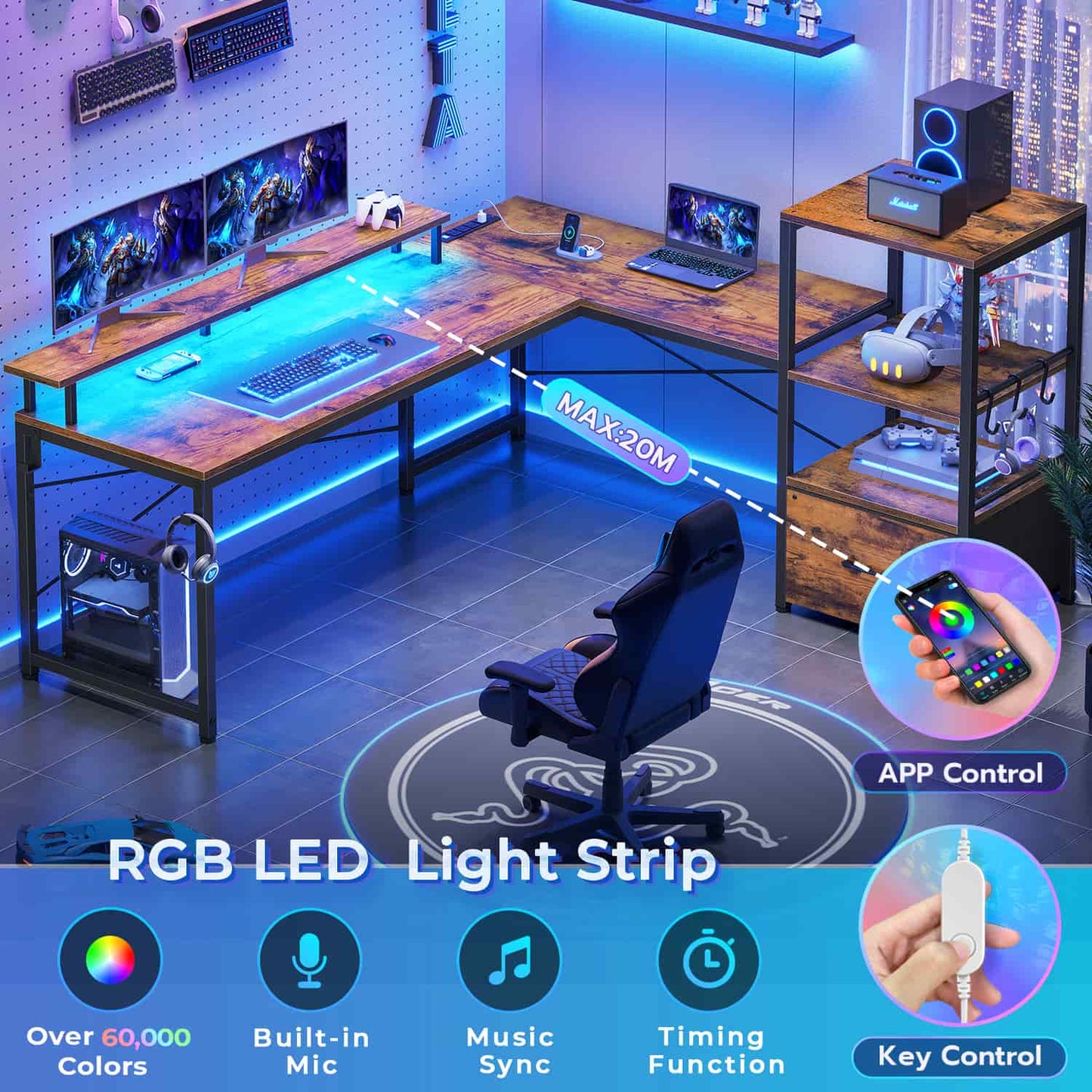 51 Inches Reversible LED Gaming Desk Brown