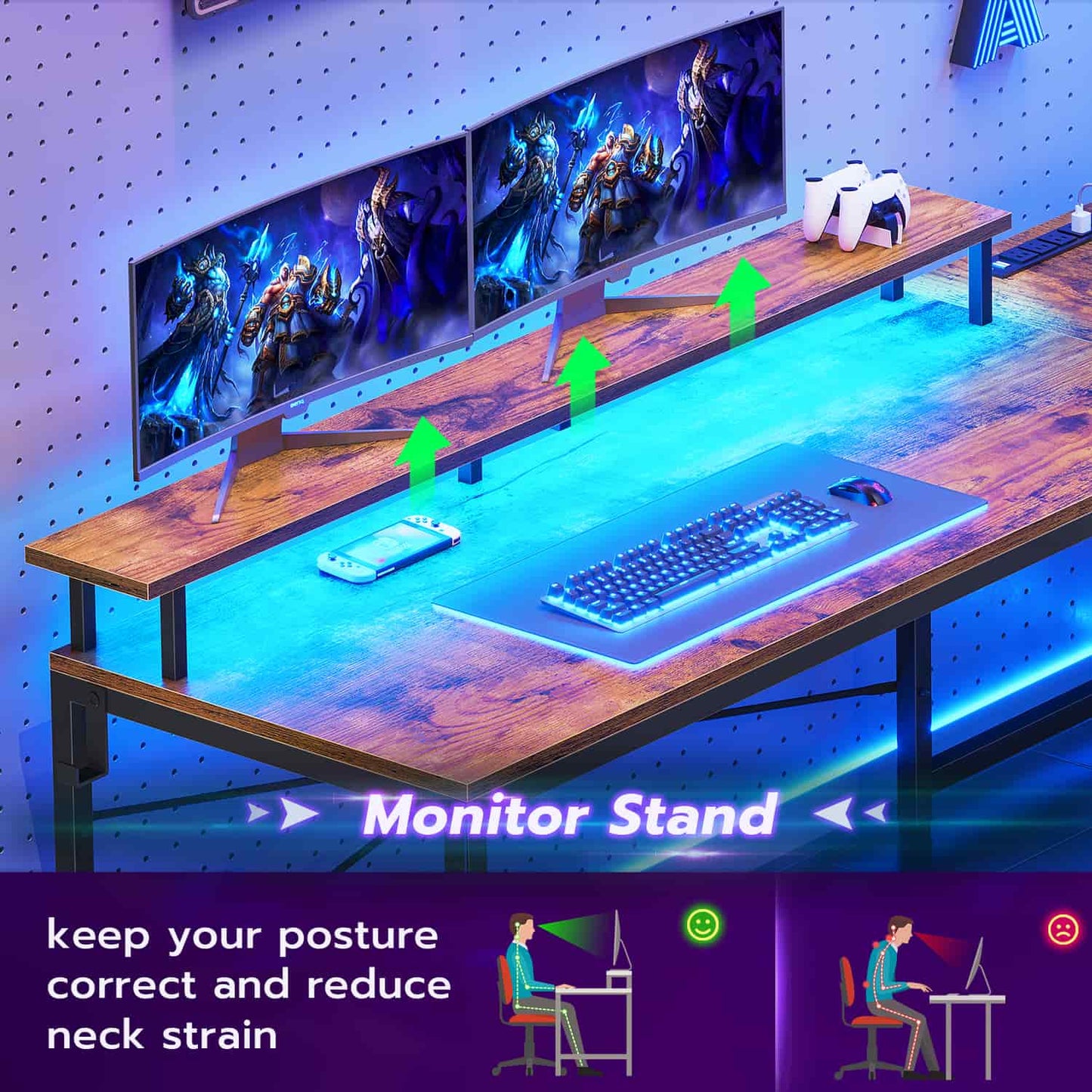 51 Inches Reversible LED Gaming Desk Brown