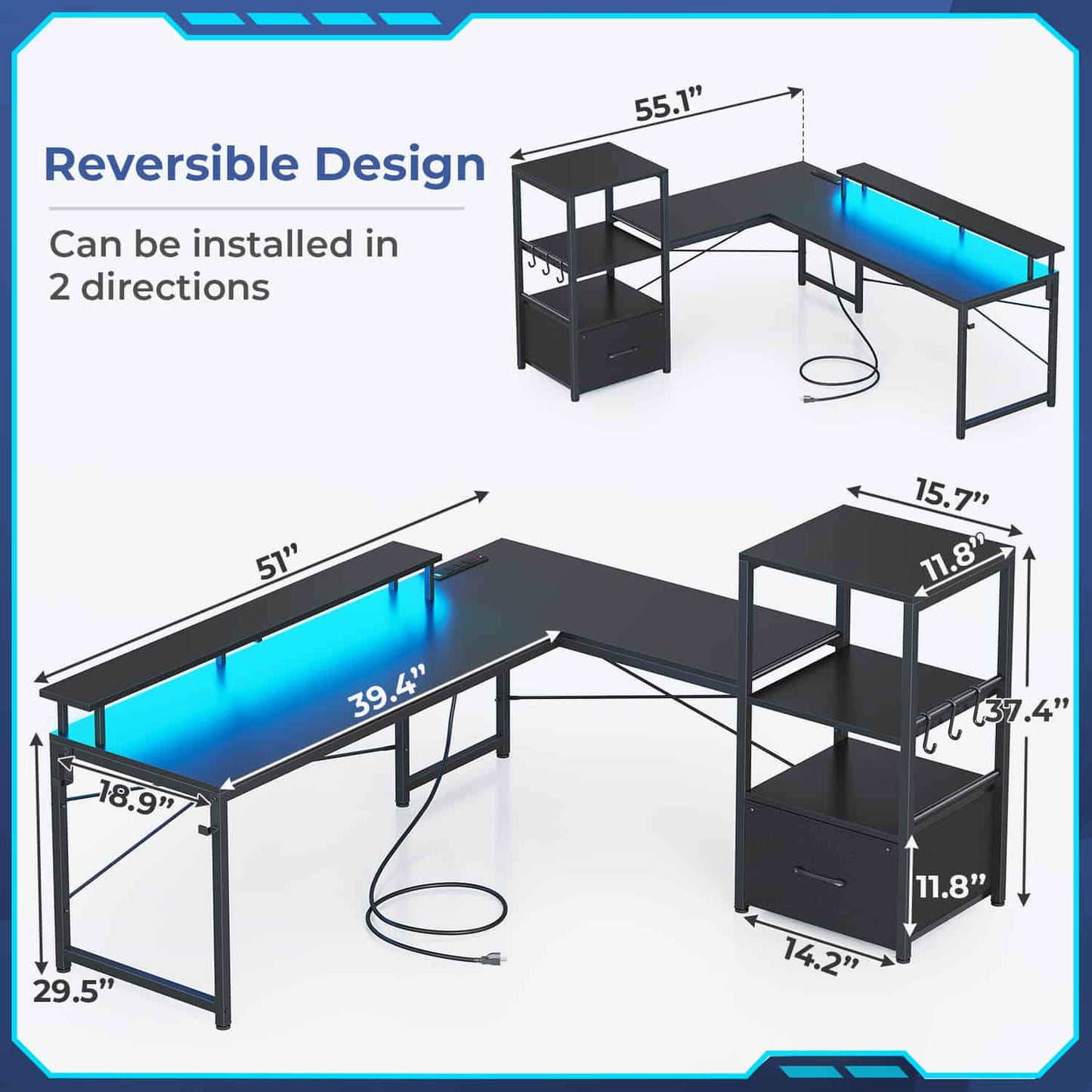 51 Inches Reversible LED Gaming Desk Black