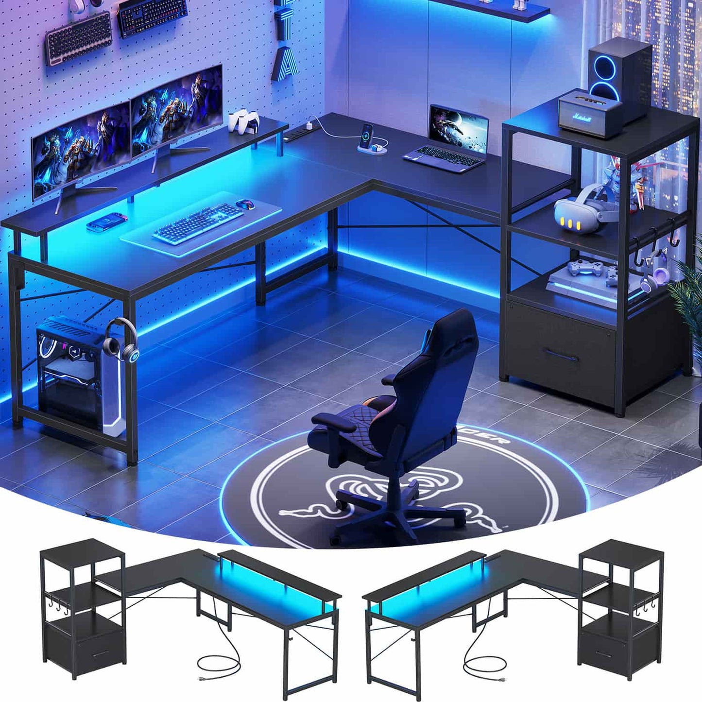 51 Inches Reversible LED Gaming Desk Black