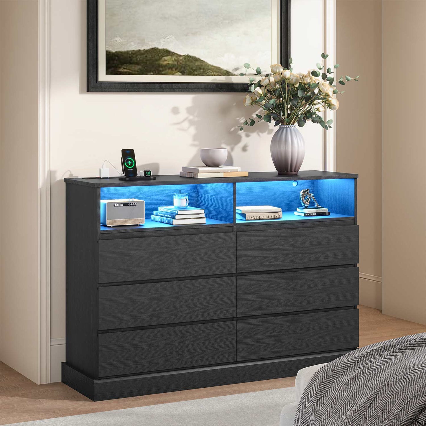 6 Drawers Dresser with LED Lights Charging Station Black