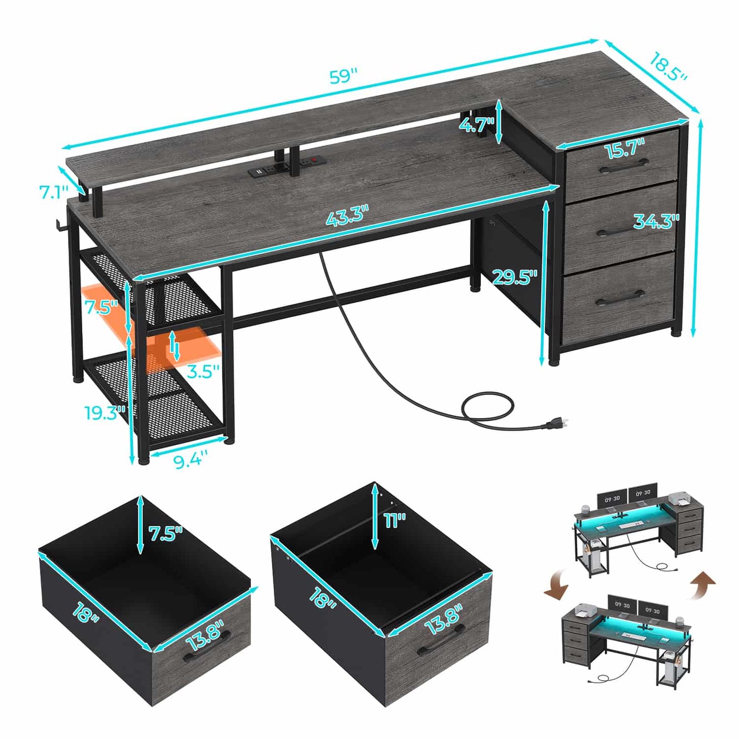 59 Inches Reversible LED Gaming Desk with File Drawers Grey