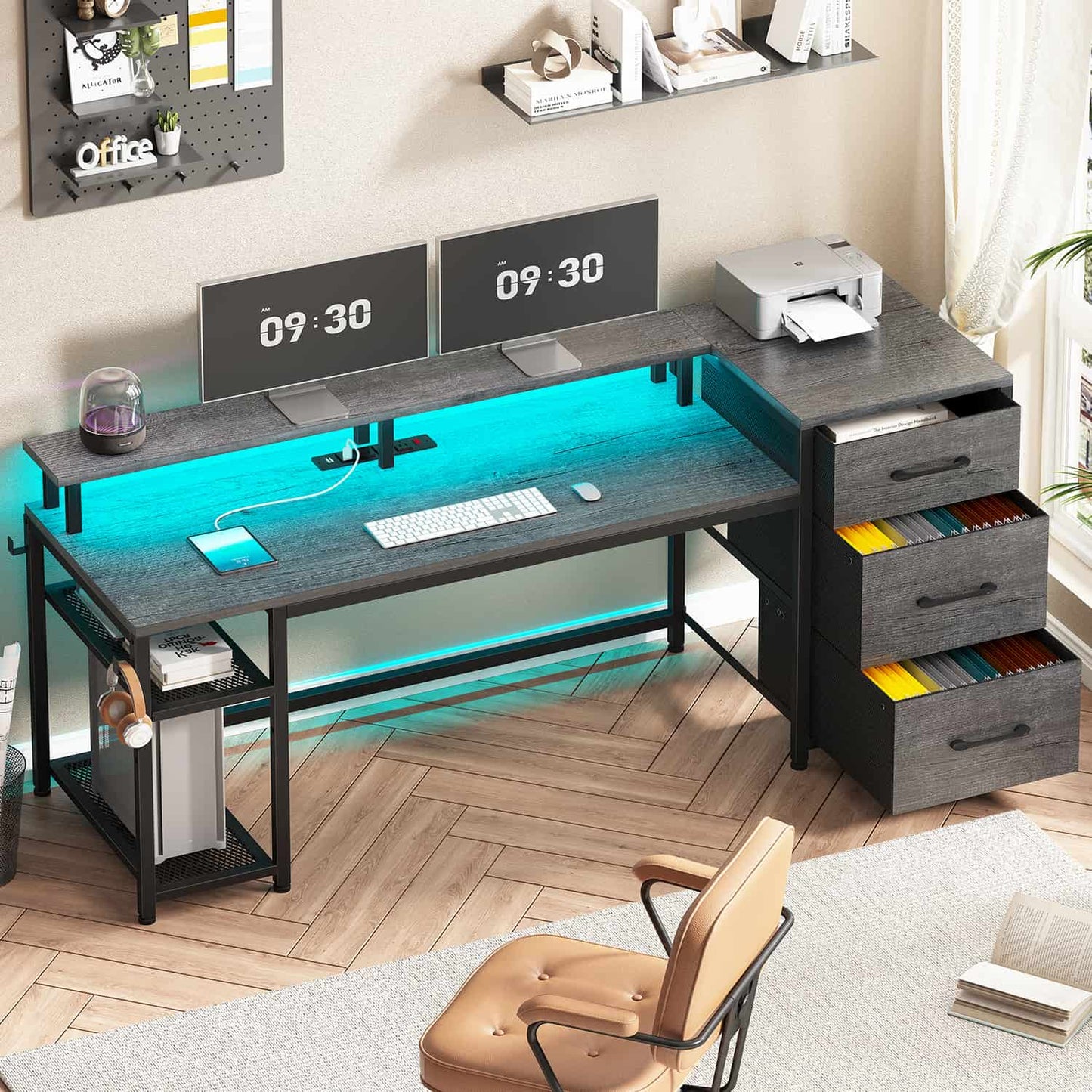 59 Inches Reversible LED Gaming Desk with File Drawers Grey
