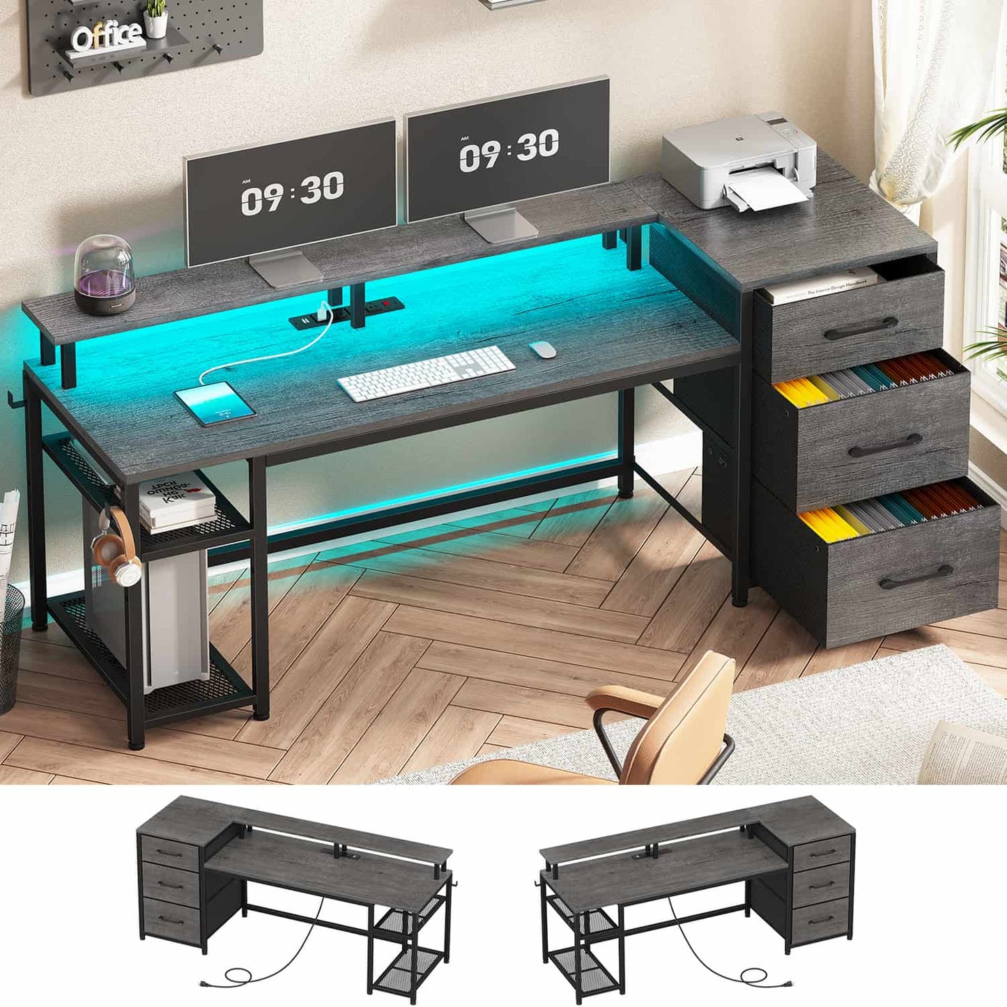 59 Inches Reversible LED Gaming Desk with File Drawers Grey