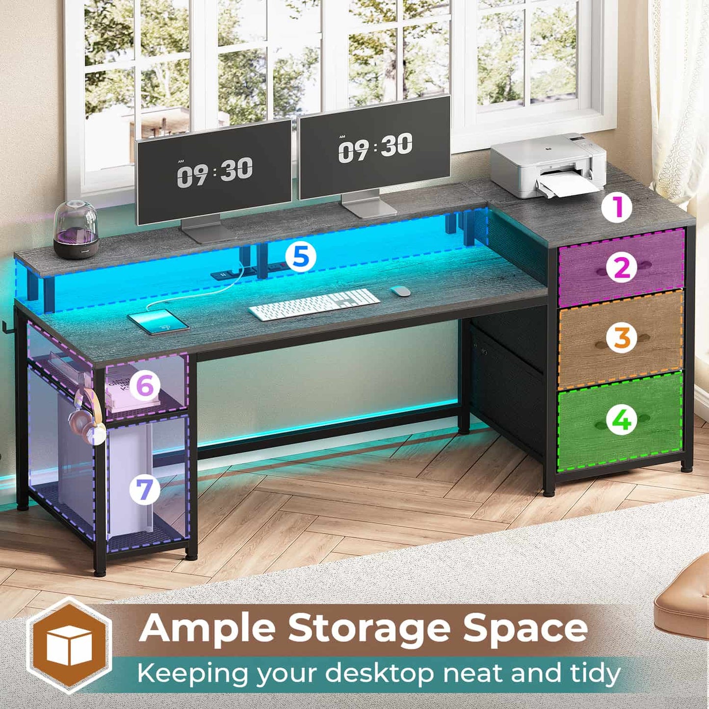 59 Inches Reversible LED Gaming Desk with File Drawers Grey