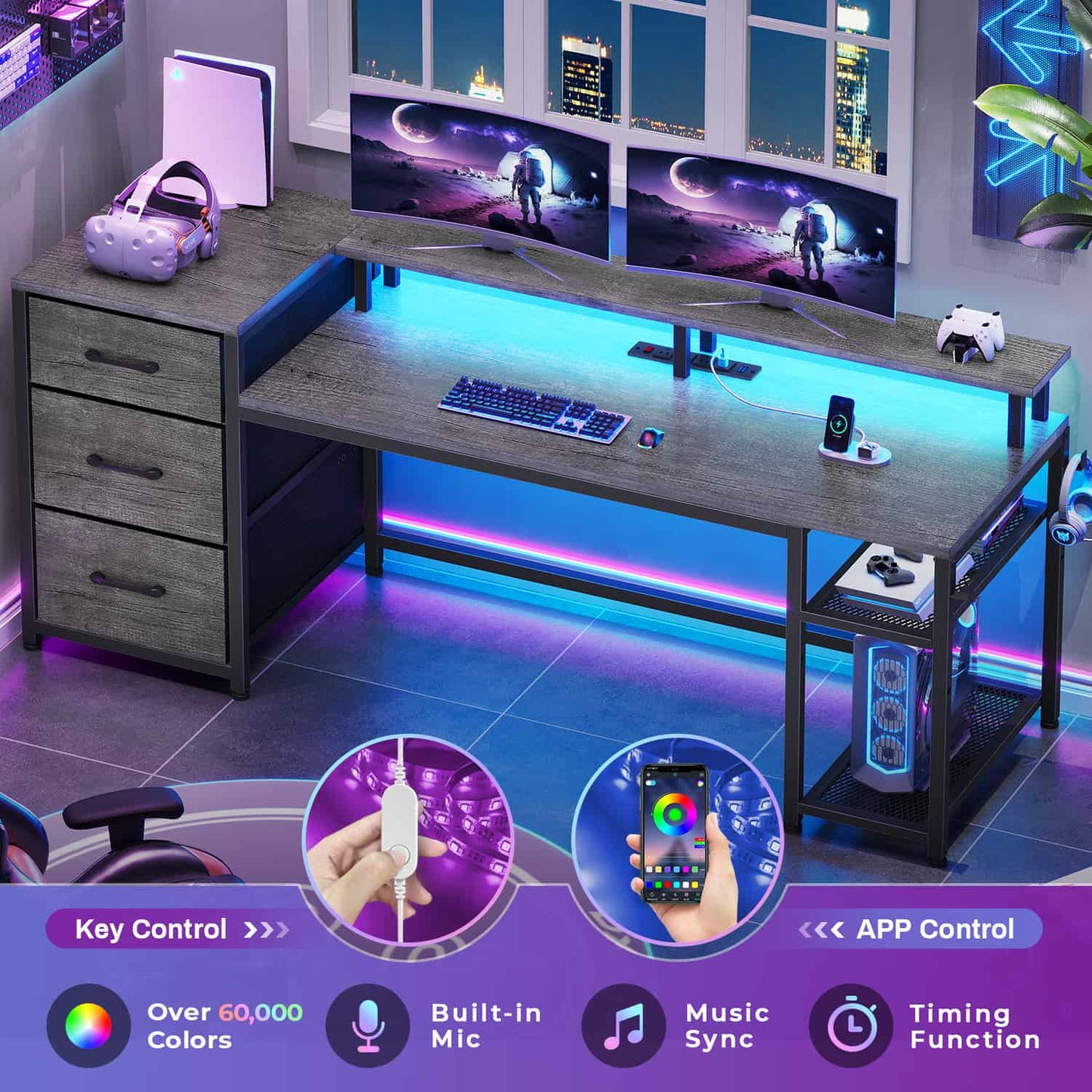 59 Inches Reversible LED Gaming Desk with File Drawers Grey