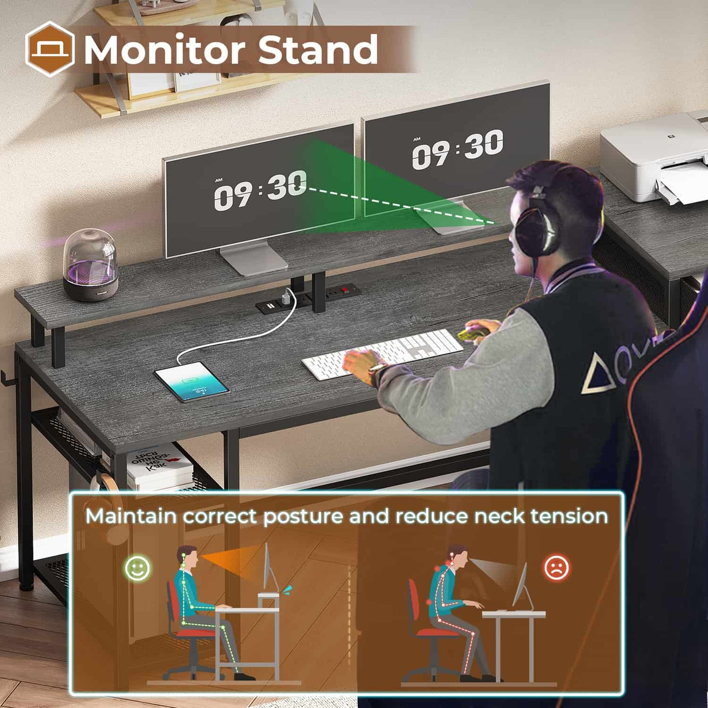 59 Inches Reversible LED Gaming Desk with File Drawers Grey