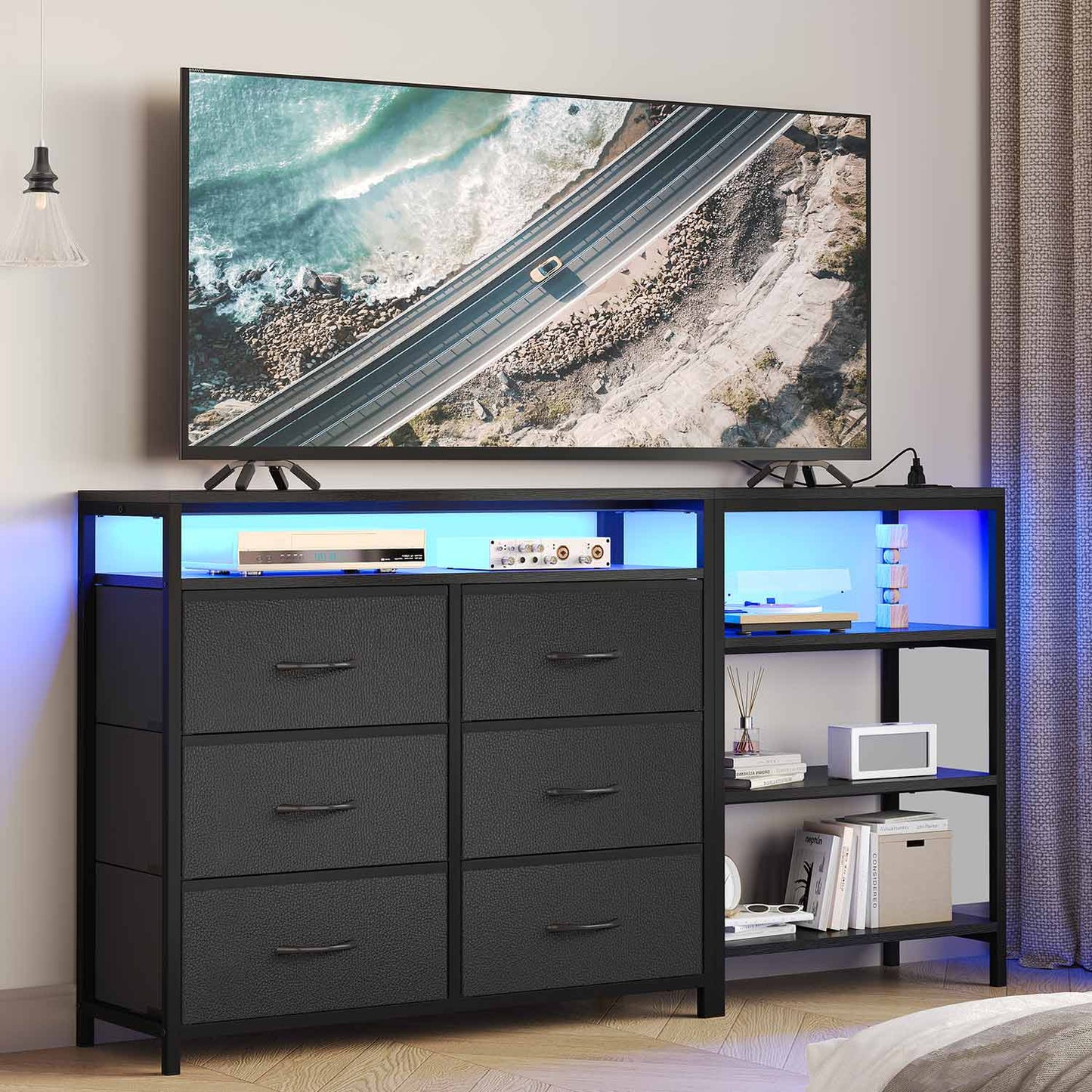 Corner L Shaped LED TV Stand Convertible Dresser Black