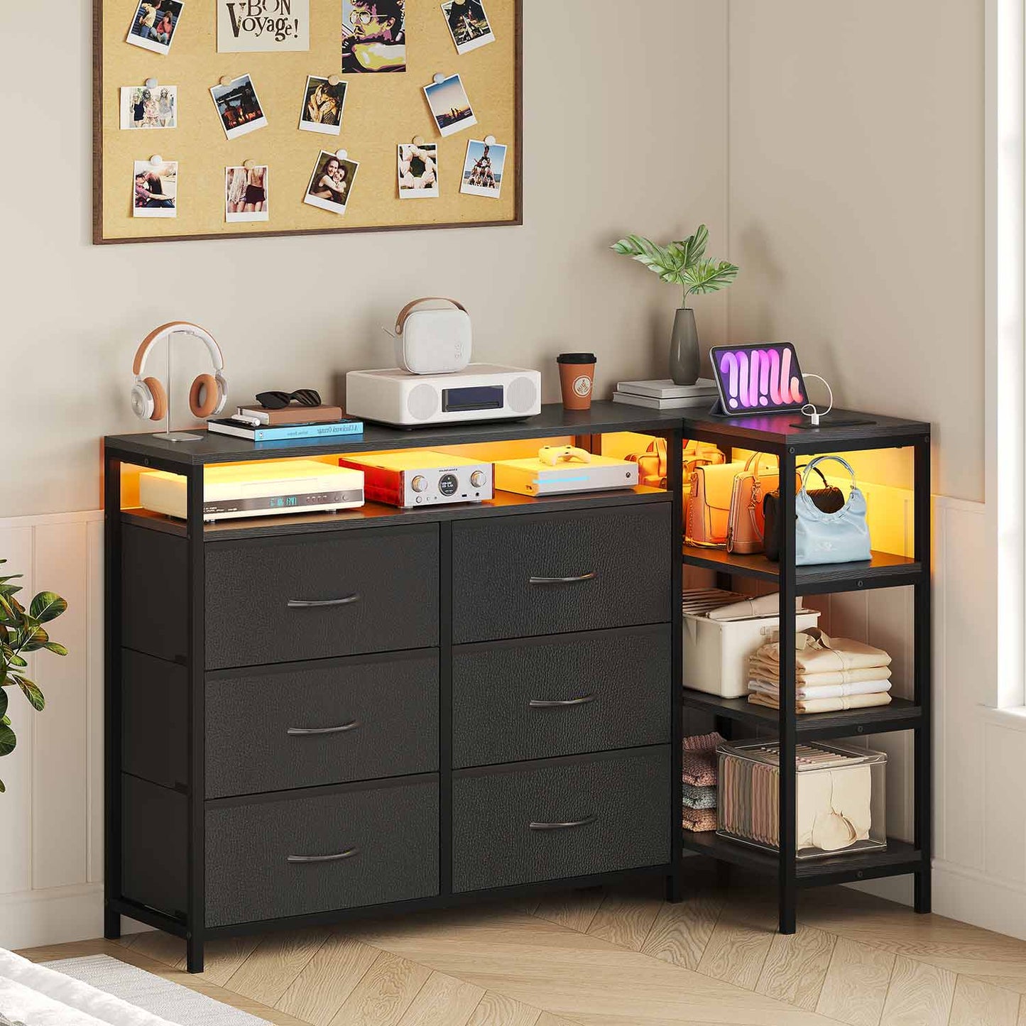 Corner L Shaped LED TV Stand Convertible Dresser Black