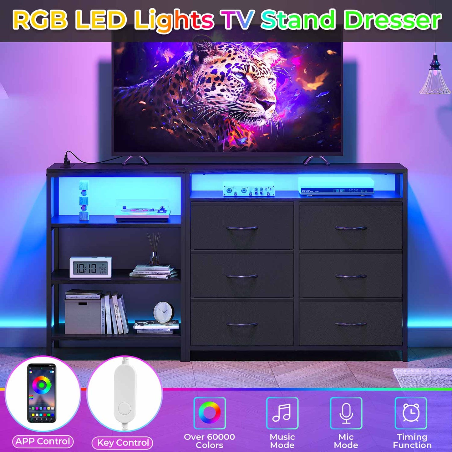 Corner L Shaped LED TV Stand Convertible Dresser Black