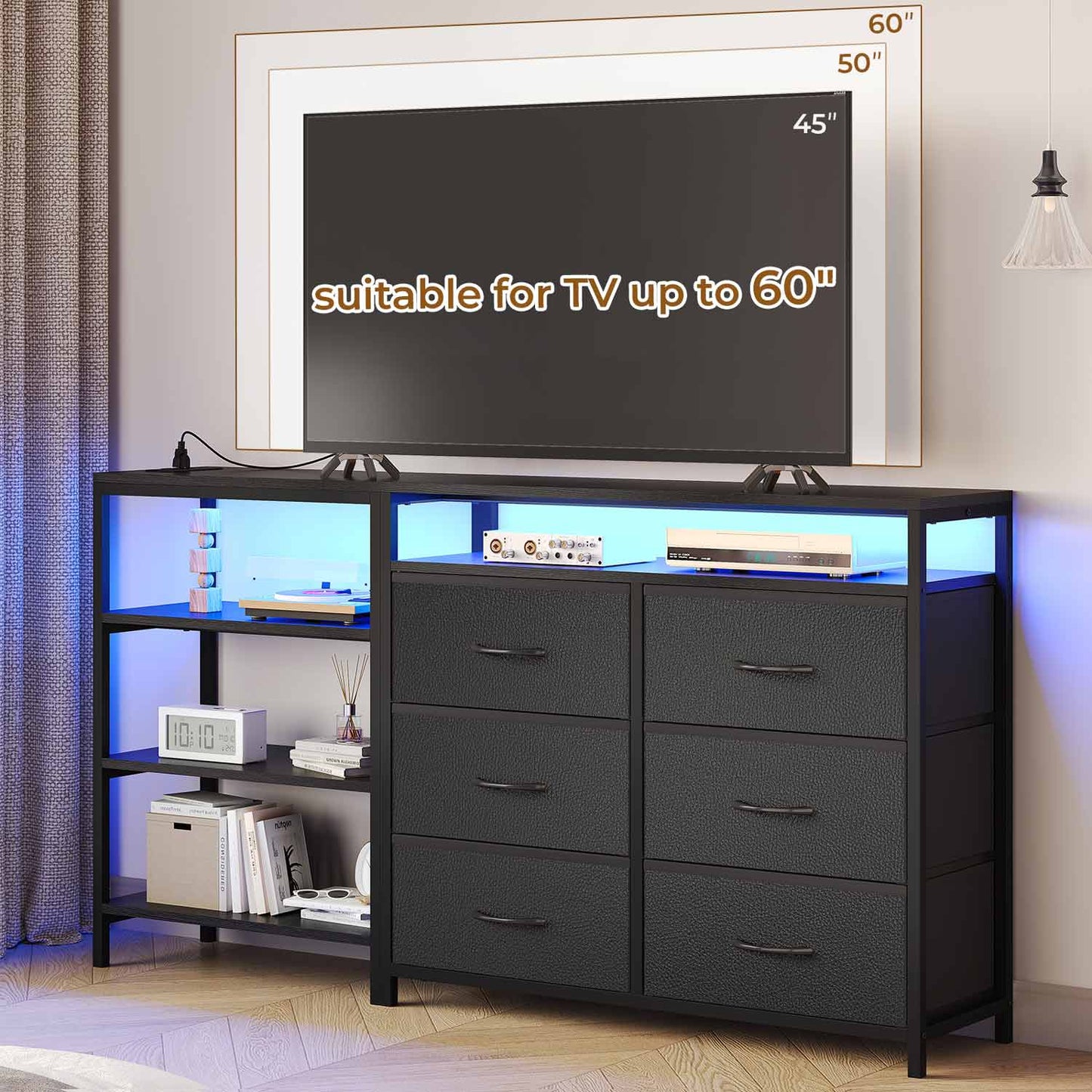 Corner L Shaped LED TV Stand Convertible Dresser Black