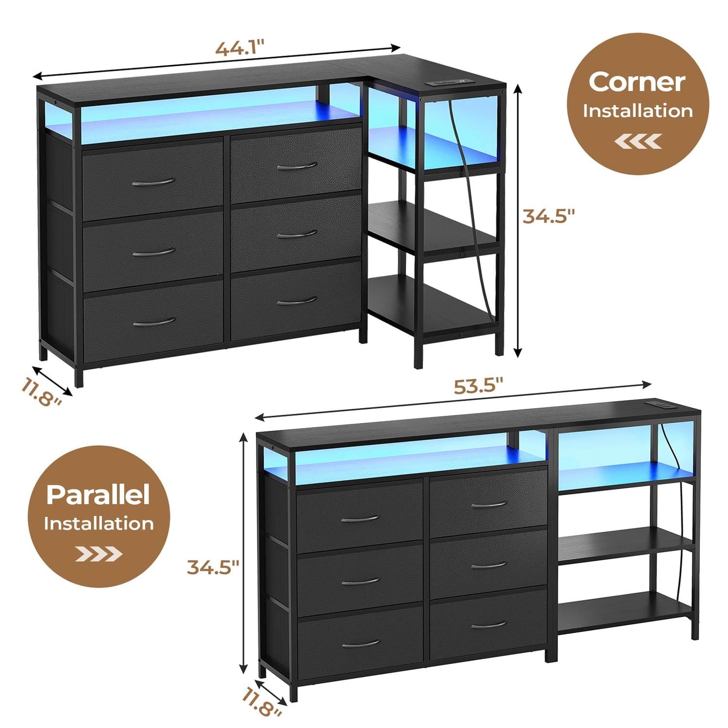 Corner L Shaped LED TV Stand Convertible Dresser Black