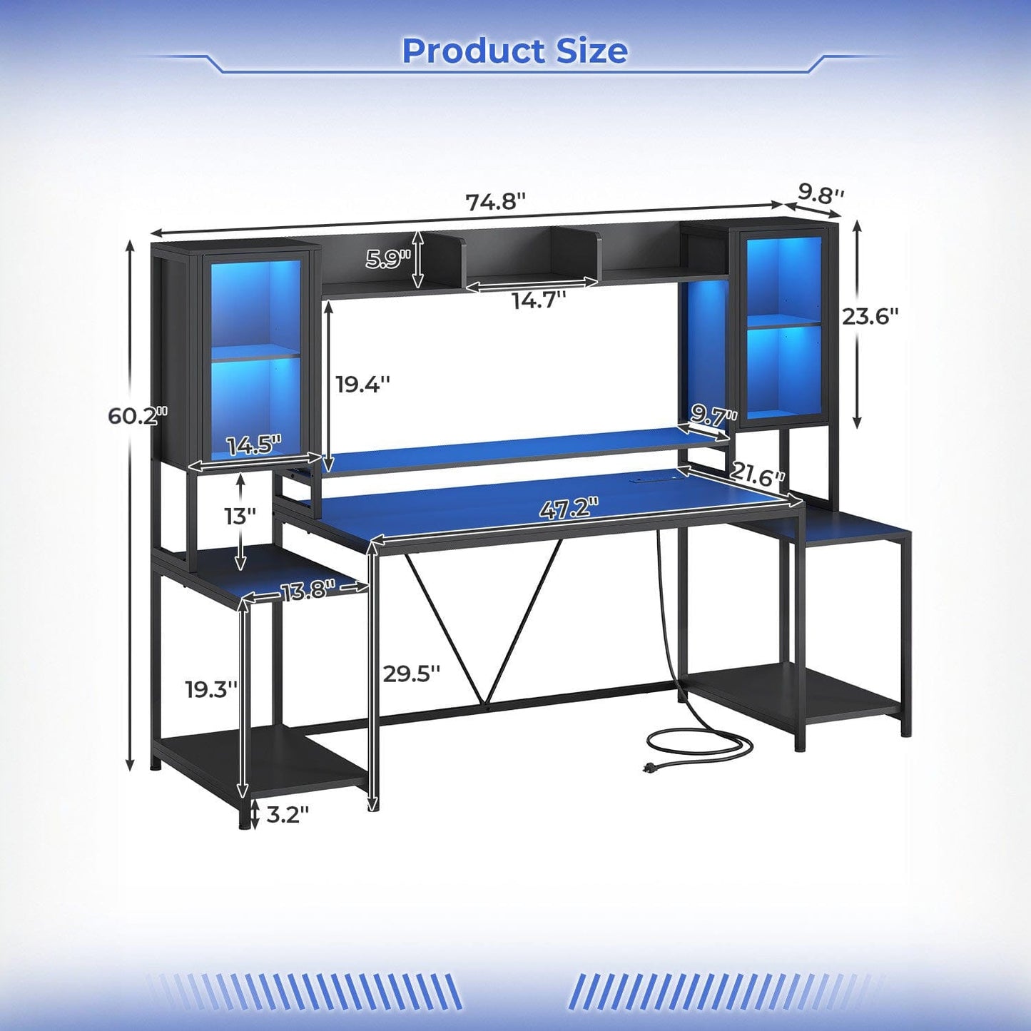 74.8 Inches Ergonomic Gaming Desk Black