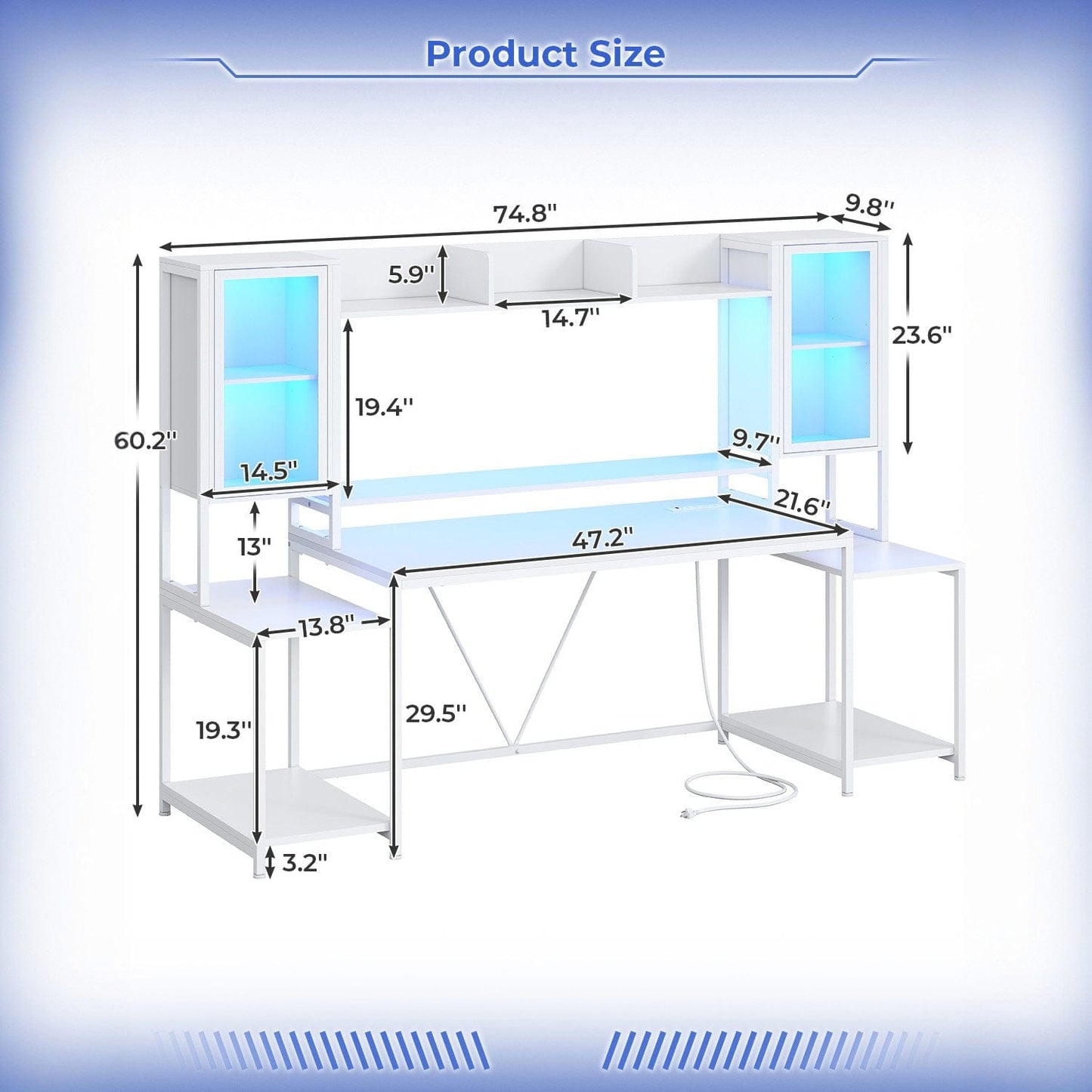74.8 Inches Ergonomic Gaming Desk White