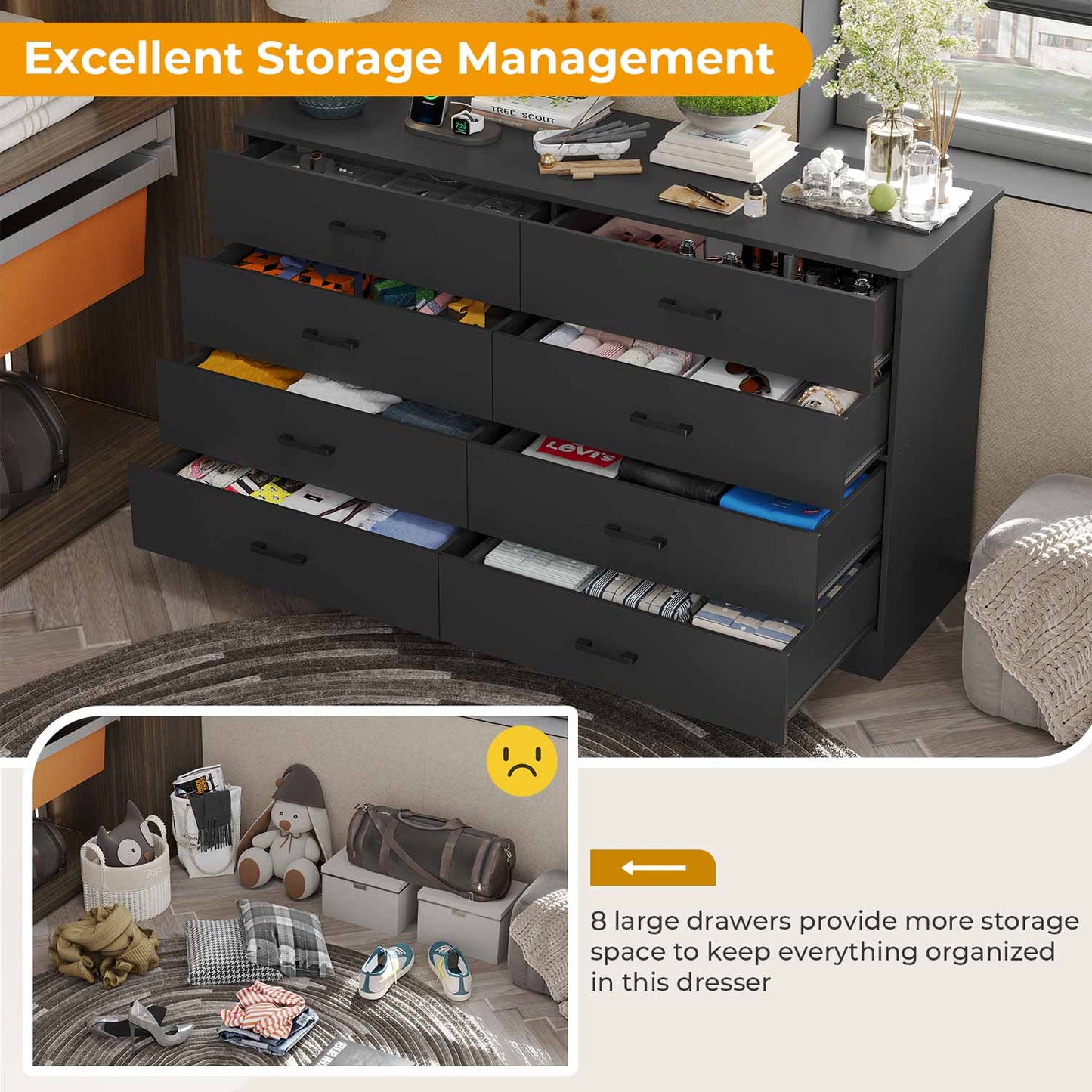 55.1 Inches 8 Drawers Dresser Black