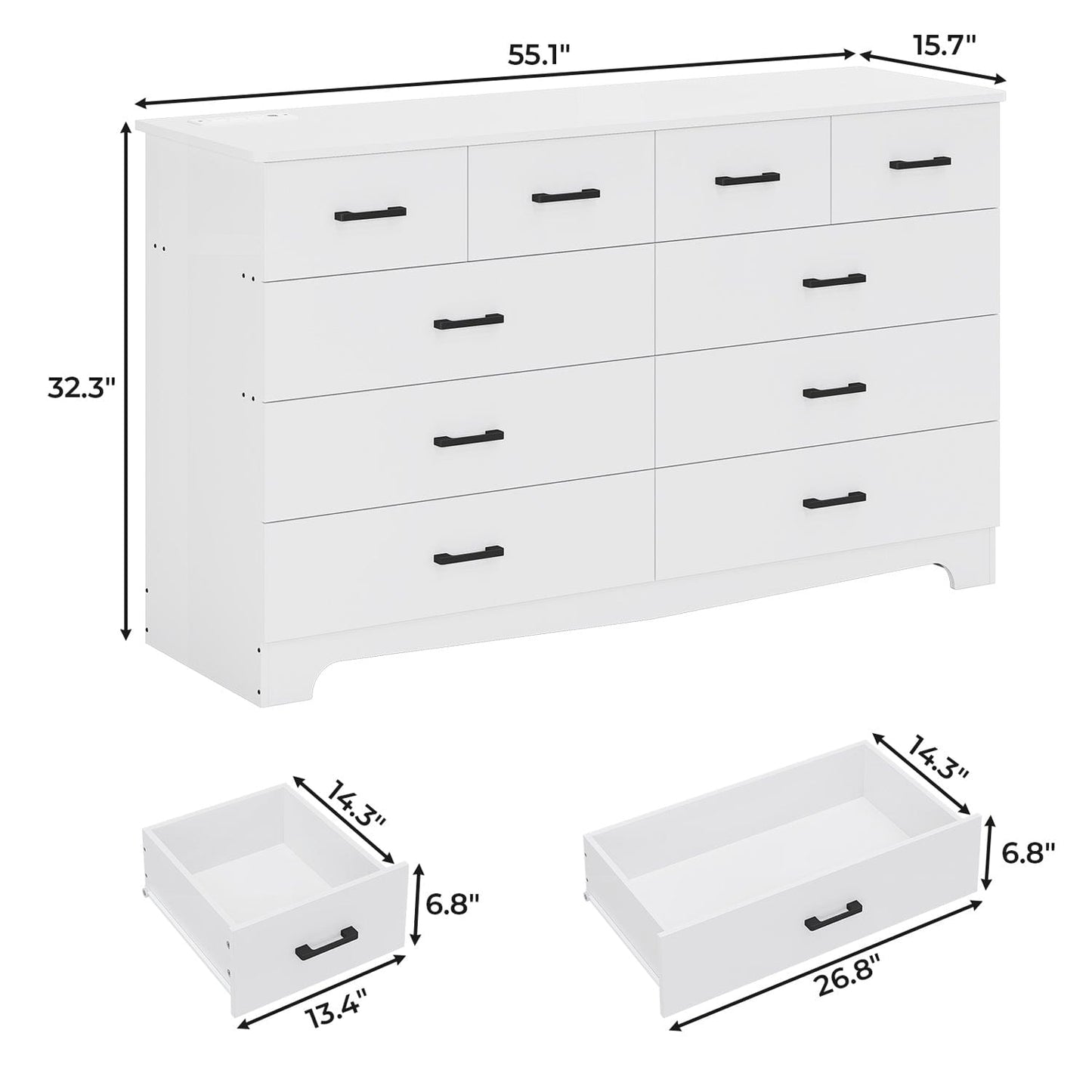 55.1 Inches Dresser with 10 Storage Drawers White