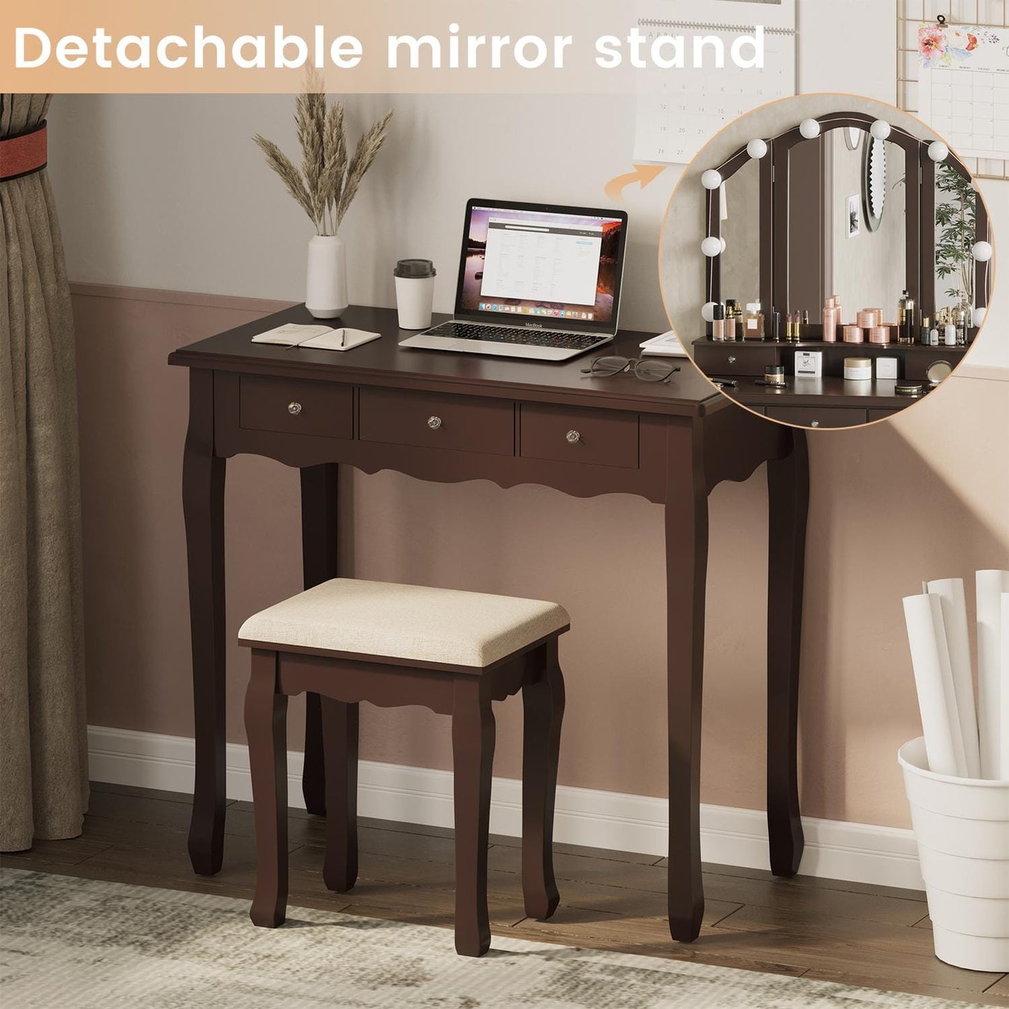 Makeup Vanity Set with LED Mirror Cushioned Stool Brown