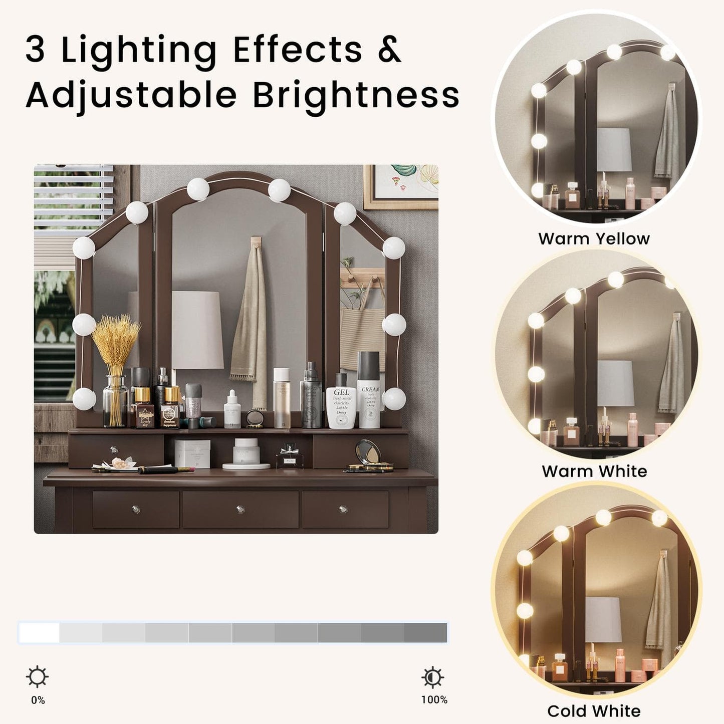 Makeup Vanity Set with LED Mirror Cushioned Stool Brown