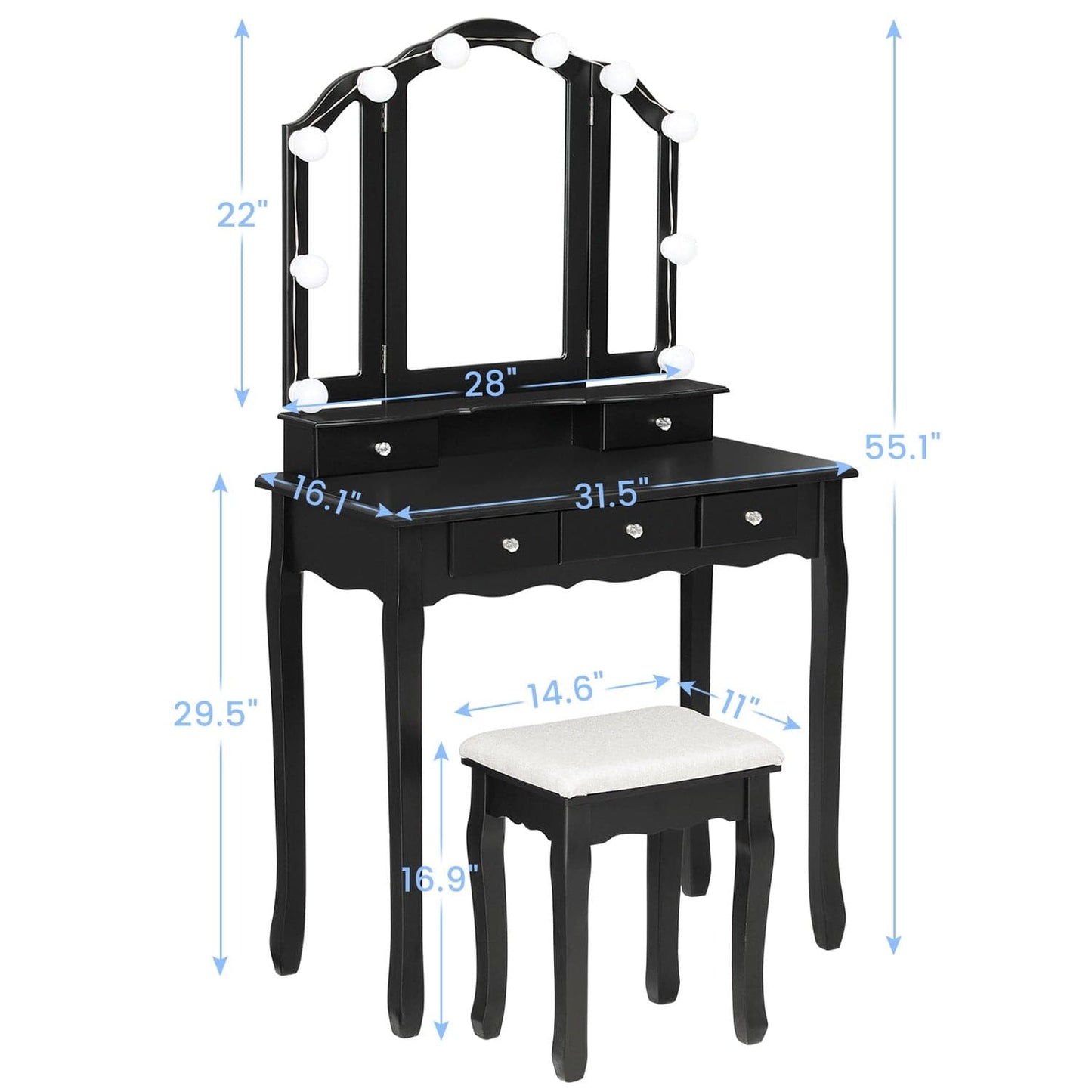 Makeup Vanity Set with LED Mirror Cushioned Stool Black
