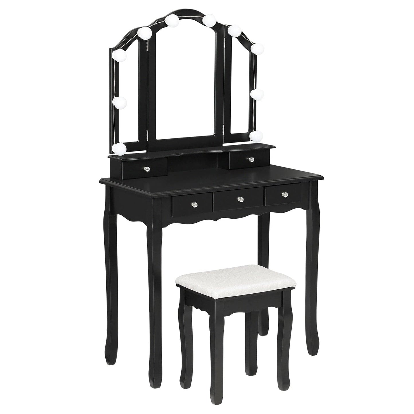 Makeup Vanity Set with LED Mirror Cushioned Stool Black
