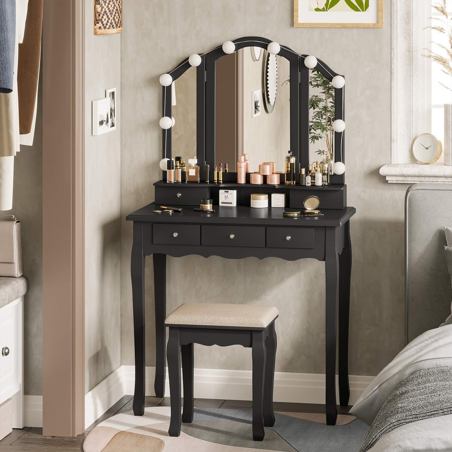 Makeup Vanity Set with LED Mirror Cushioned Stool Black