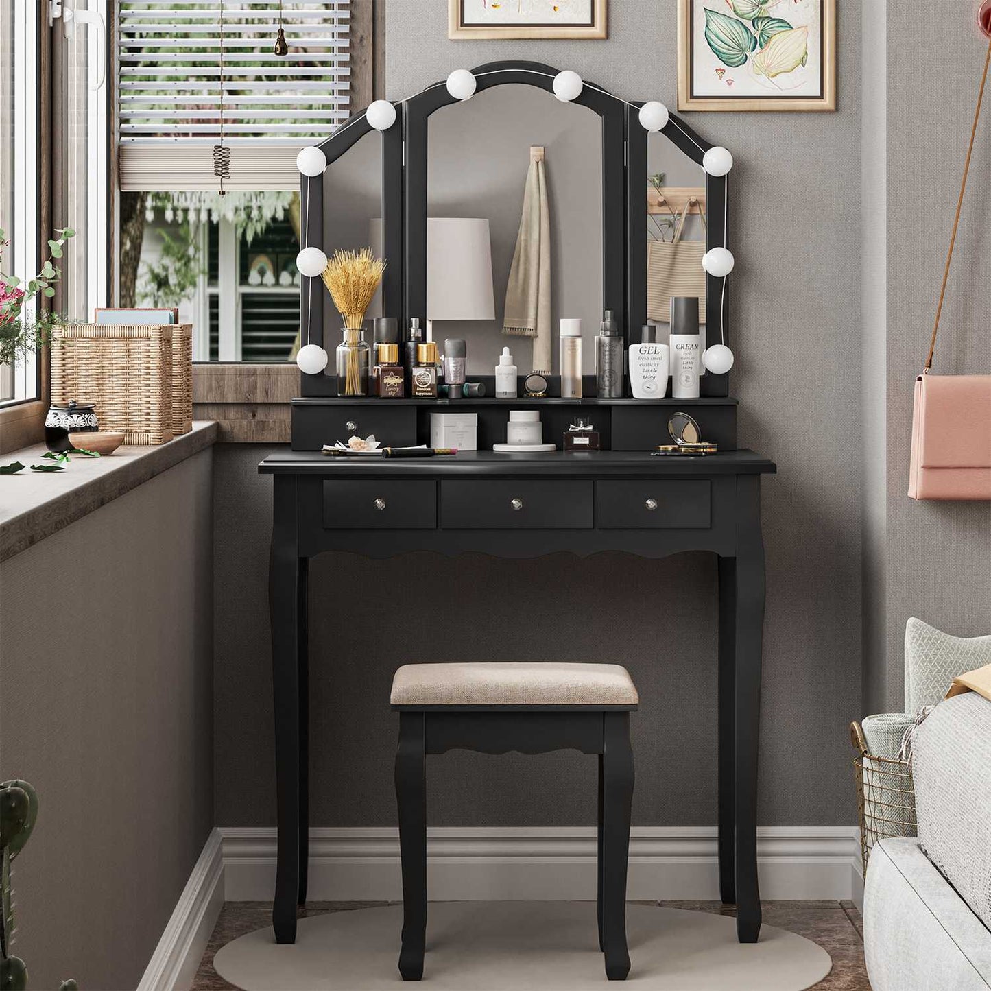 Makeup Vanity Set with LED Mirror Cushioned Stool Black