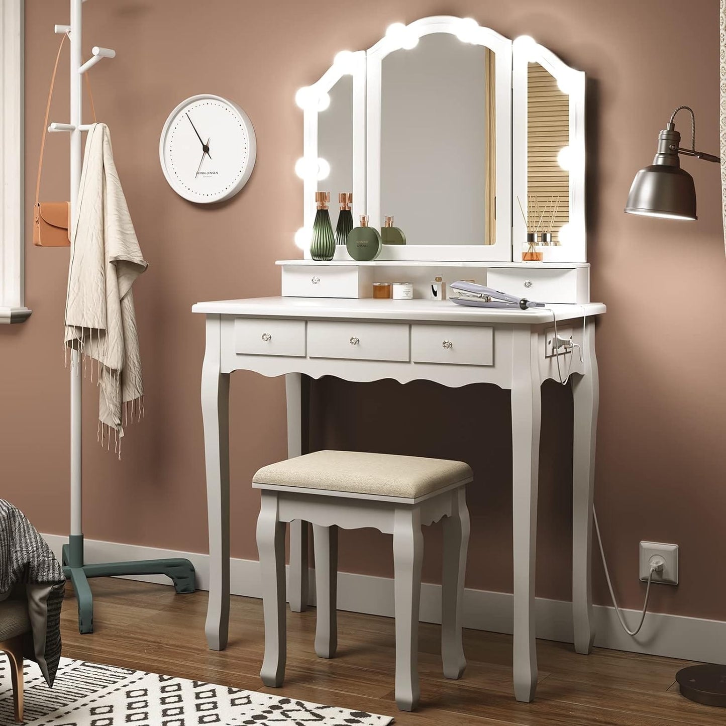 Makeup Vanity Set with LED Mirror Cushioned Stool White