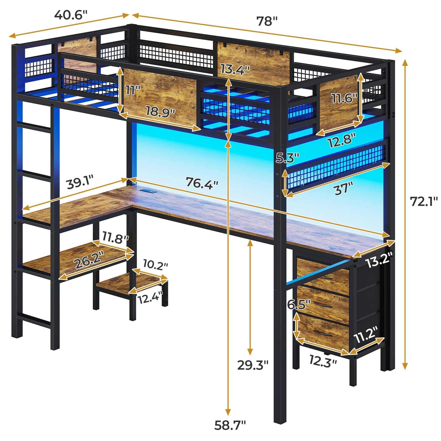 Twin Size Loft Bed Frame with L-Shaped Desk Black