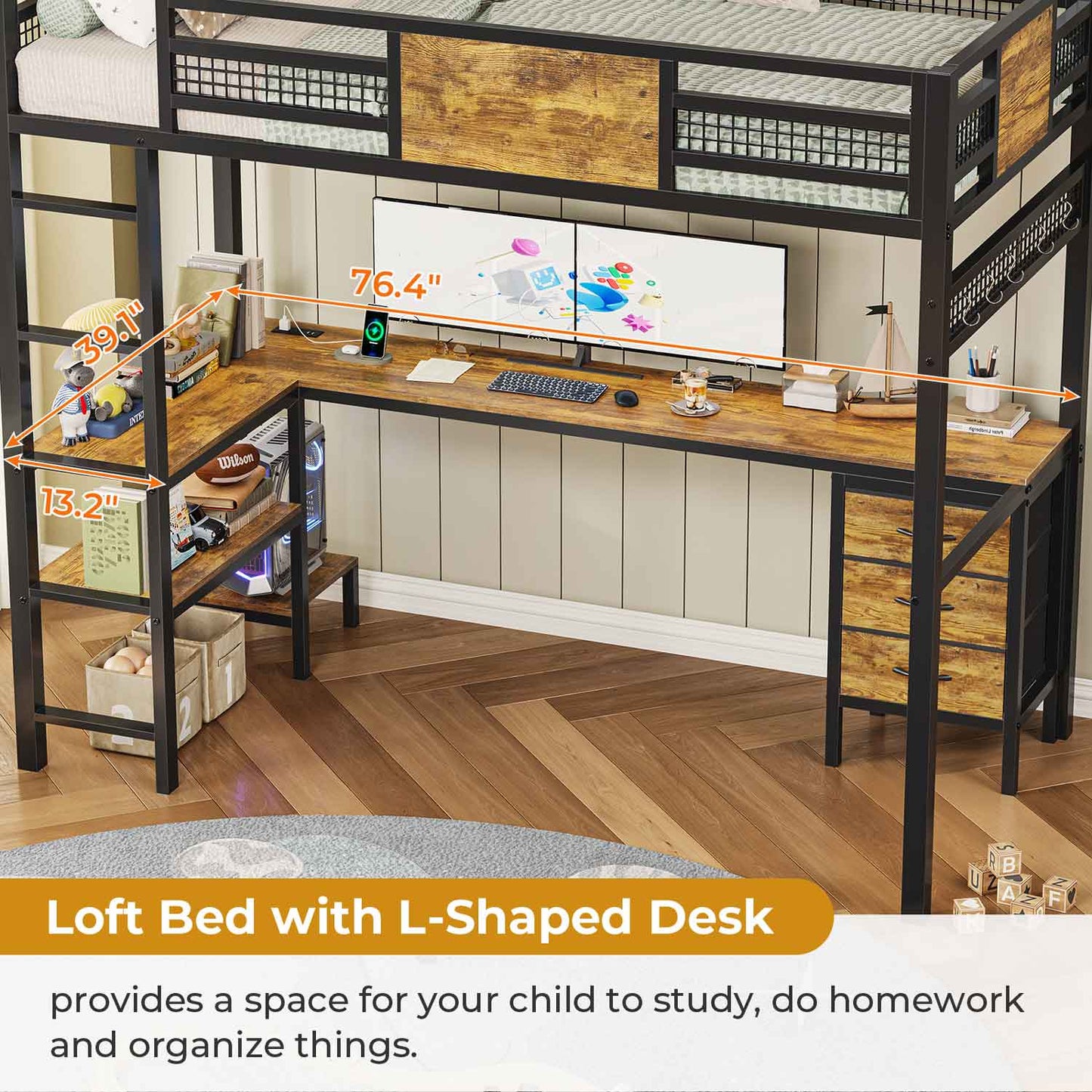 Twin Size Loft Bed Frame with L-Shaped Desk Black