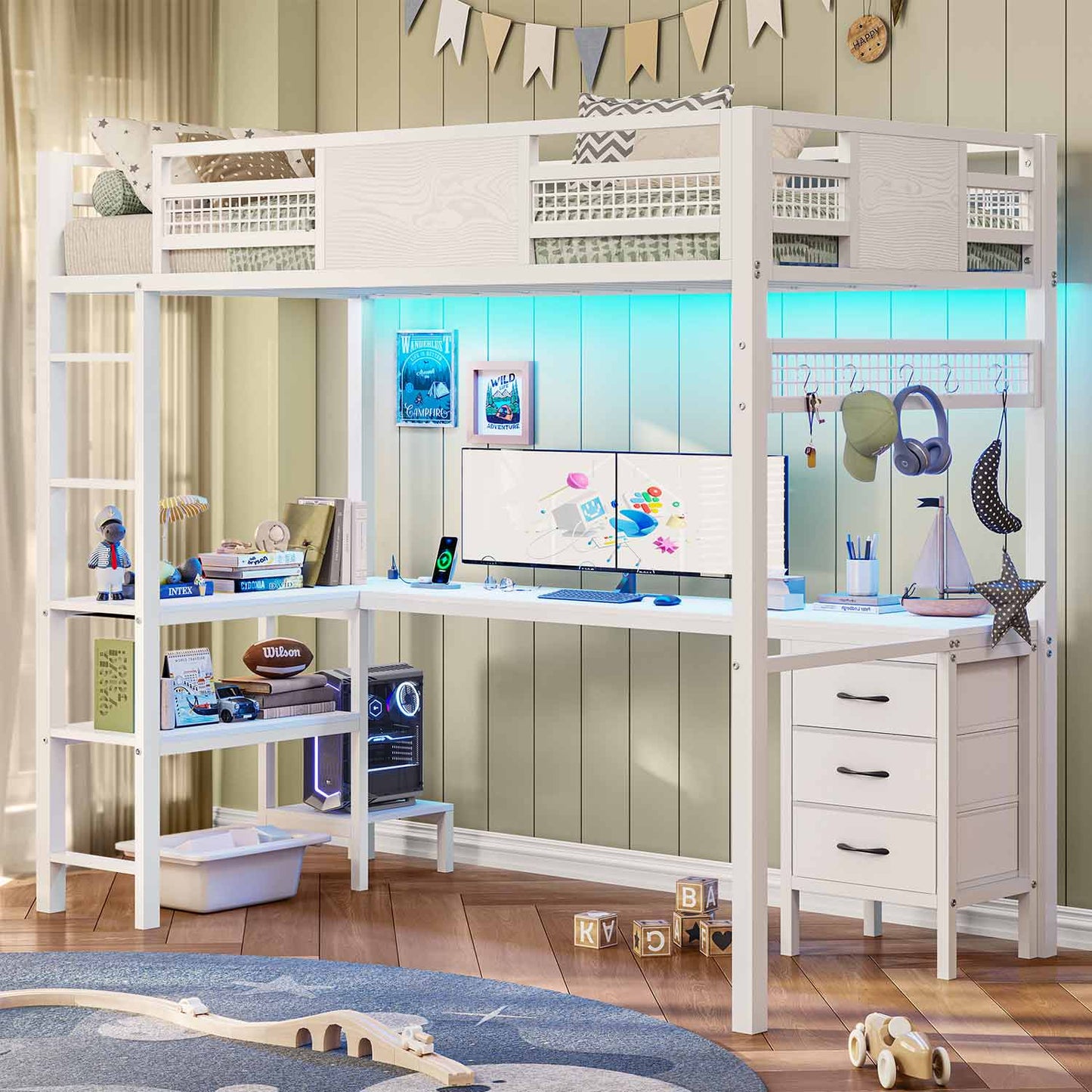 Twin Size Loft Bed Frame with L-Shaped Desk White