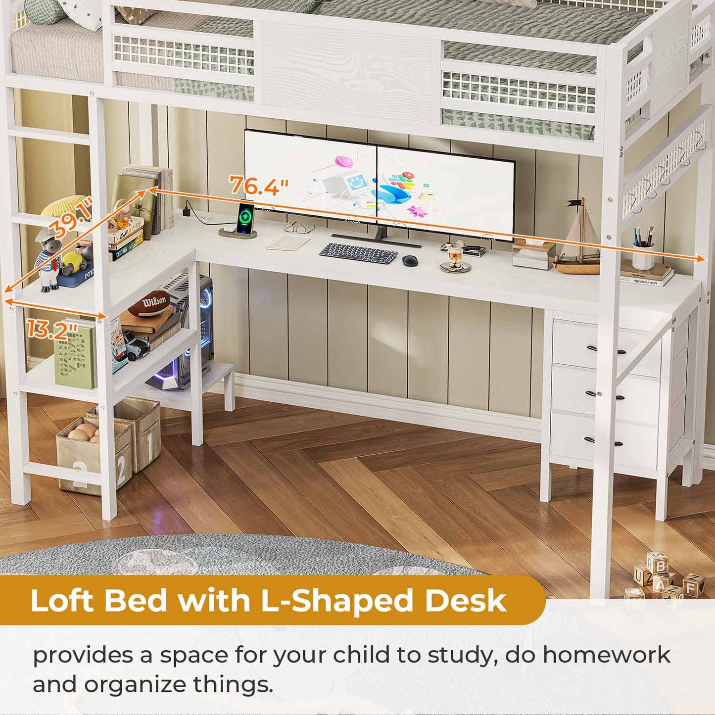 Twin Size Loft Bed Frame with L-Shaped Desk White