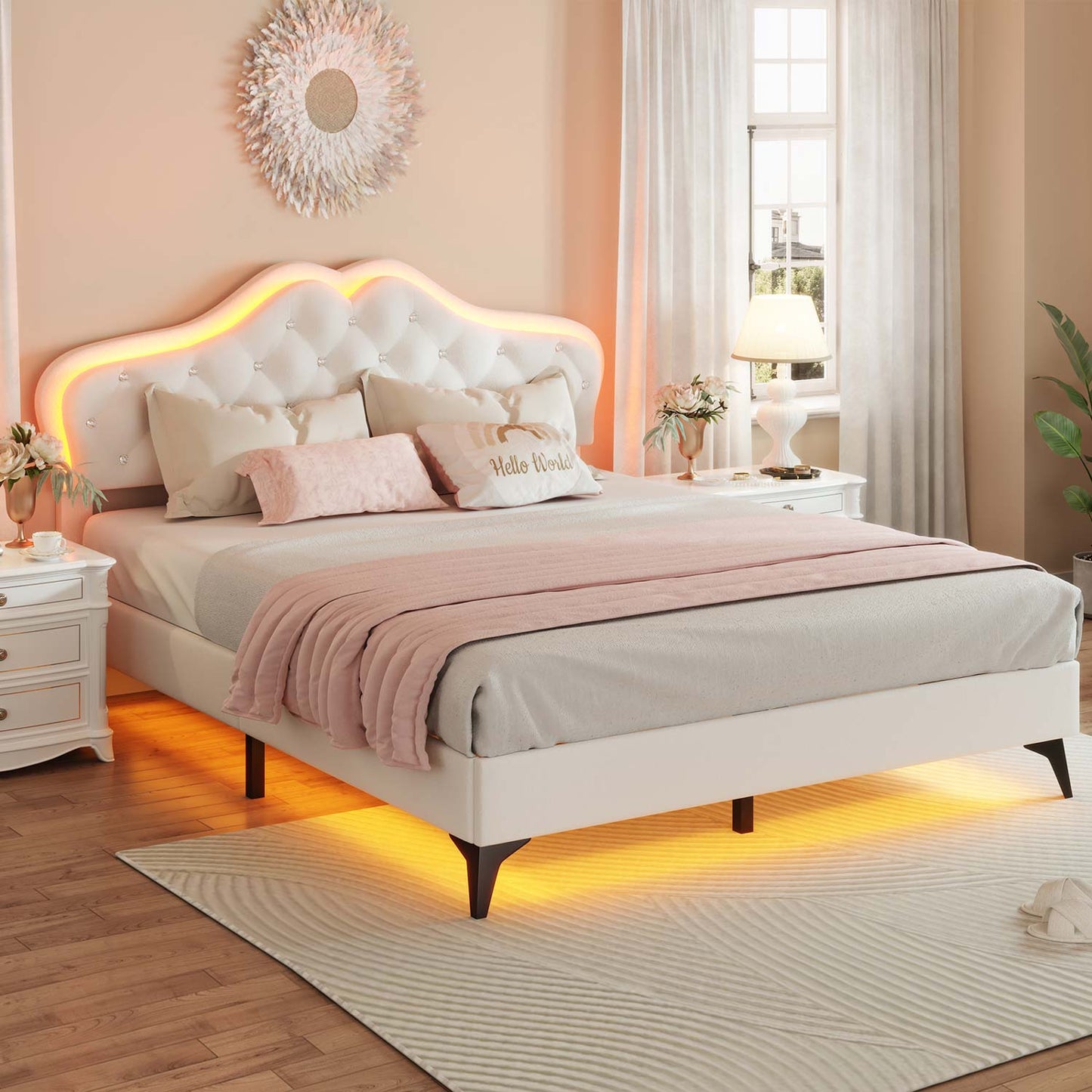 Velvet Princess LED Bed Frame with Adjustable Headboard White