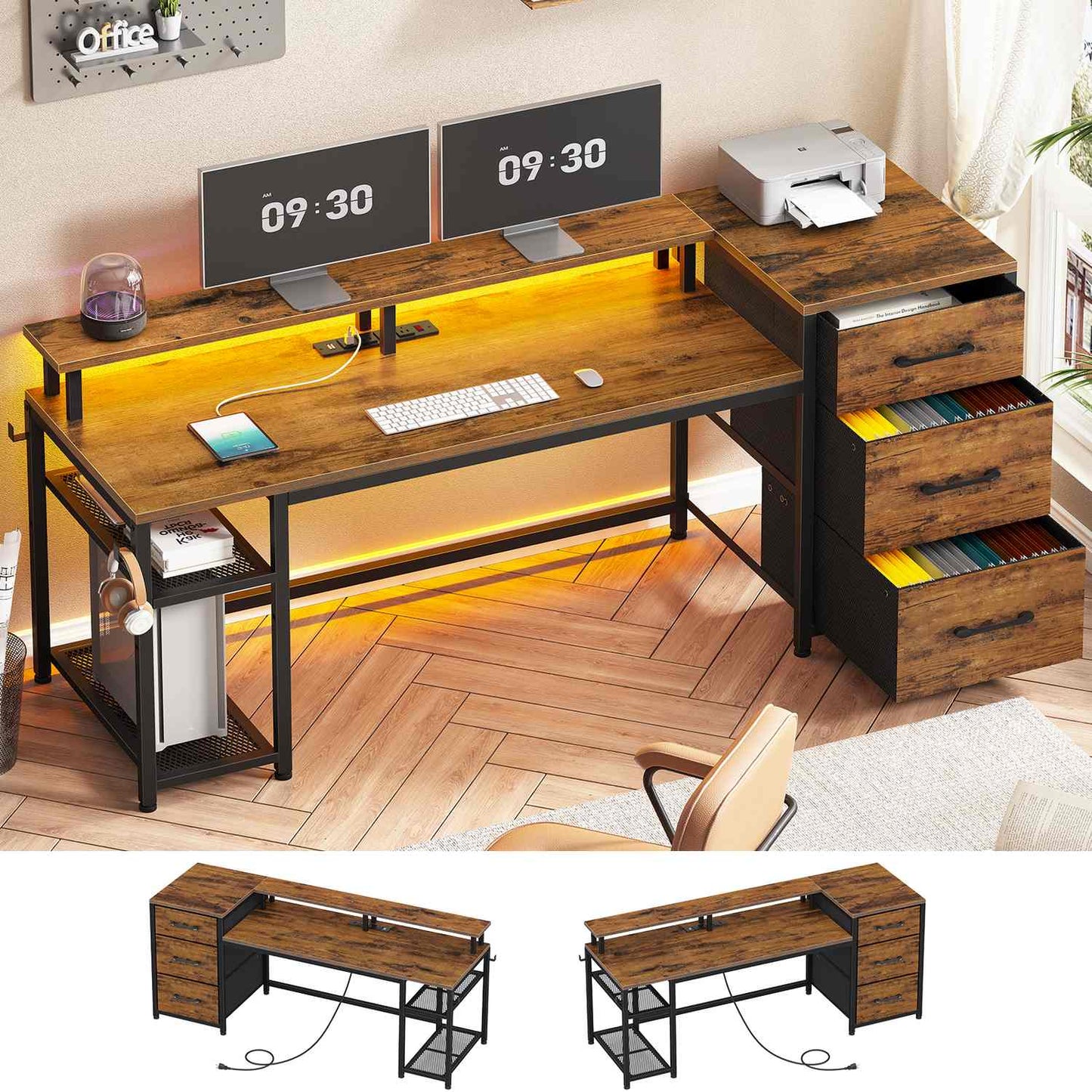 59 Inches Reversible LED Gaming Desk with File Drawers Brown