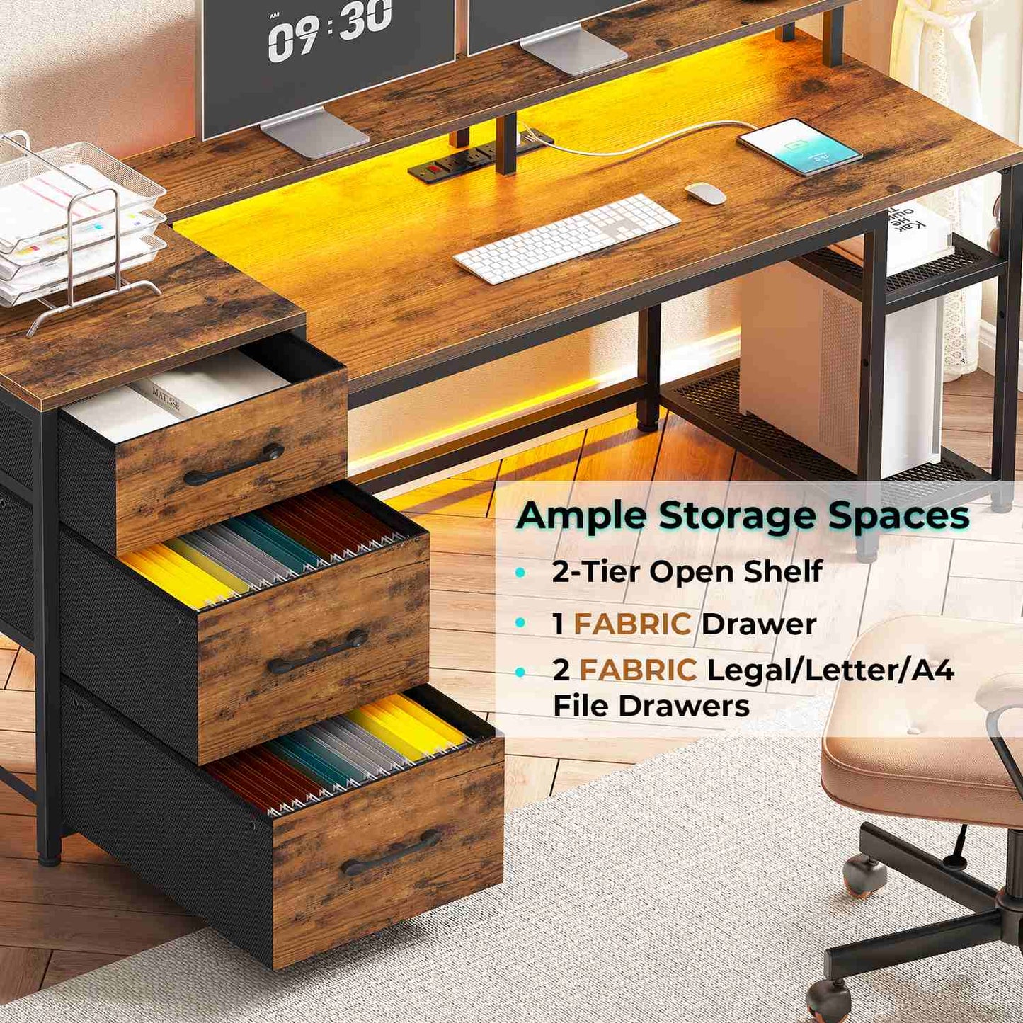 59 Inches Reversible LED Gaming Desk with File Drawers Brown