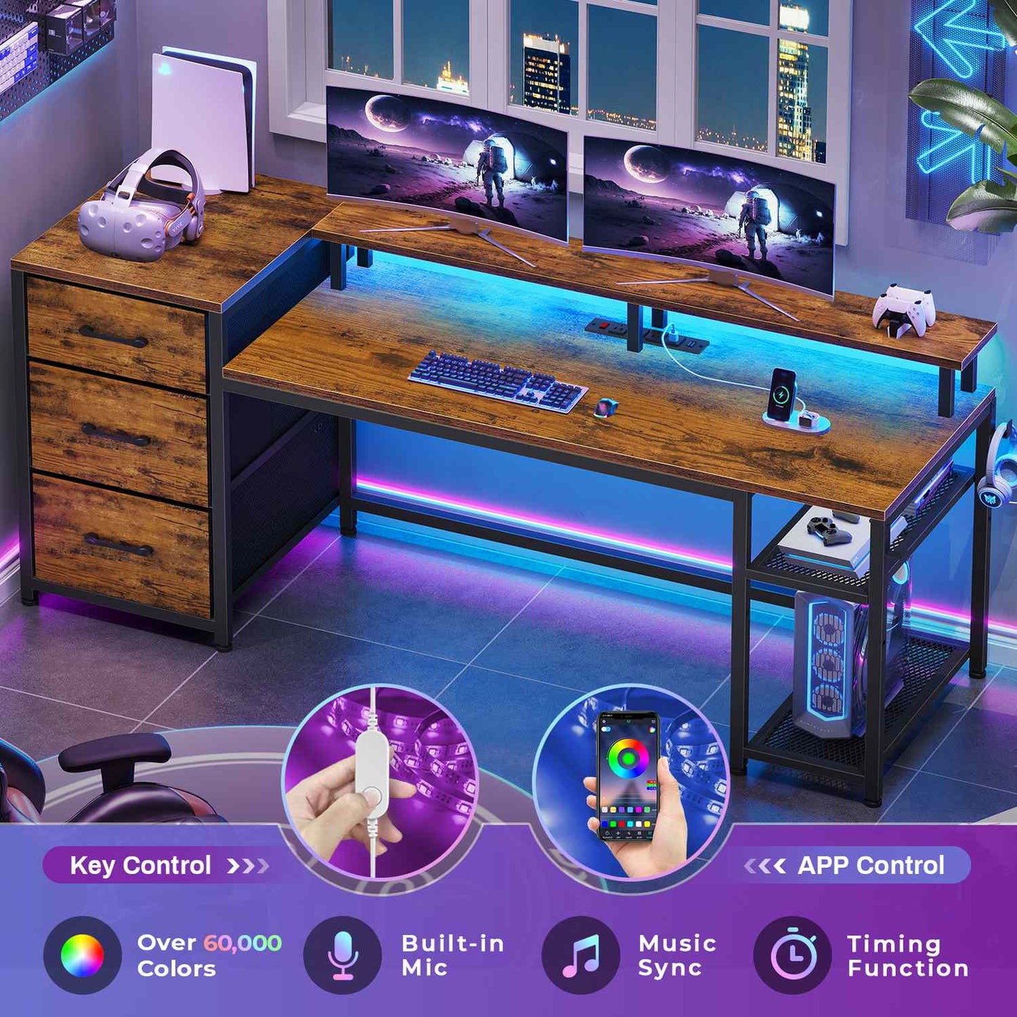 59 Inches Reversible LED Gaming Desk with File Drawers Brown