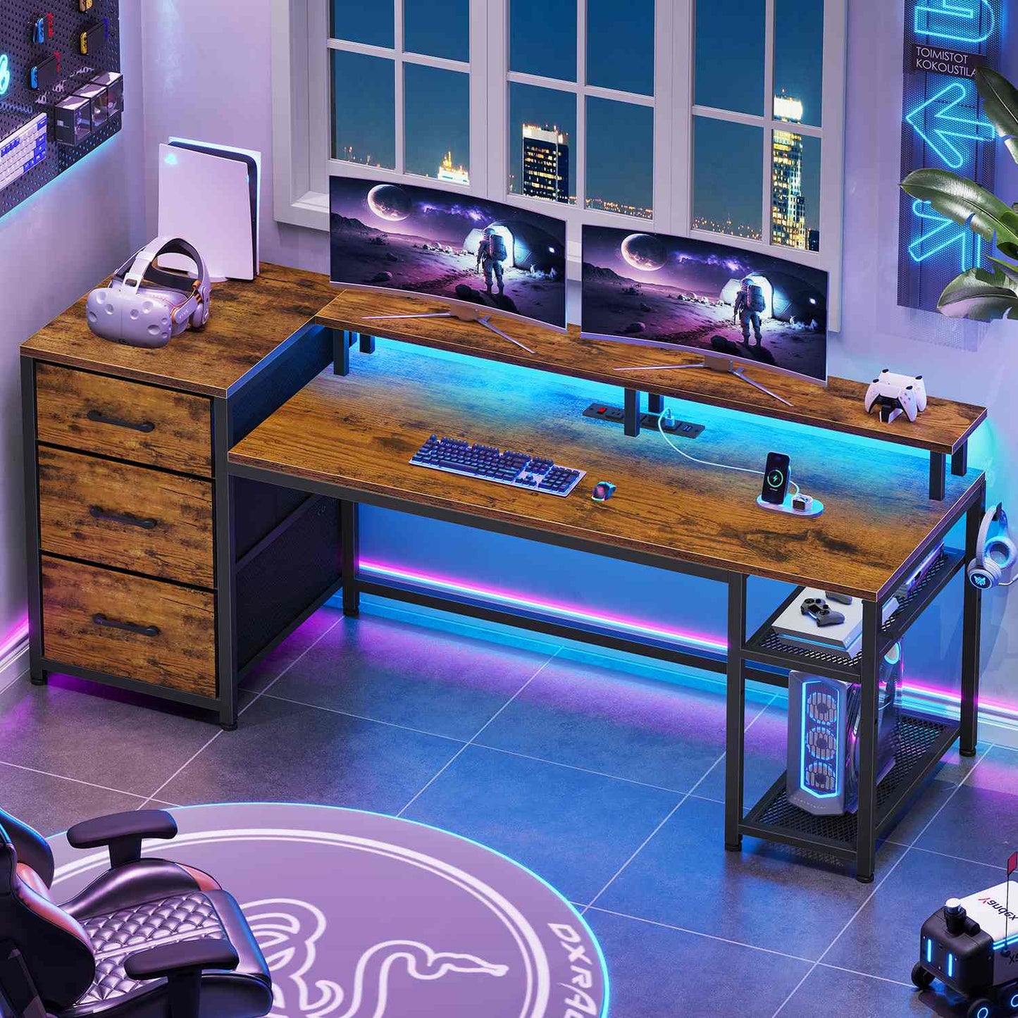 59 Inches Reversible LED Gaming Desk with File Drawers Brown