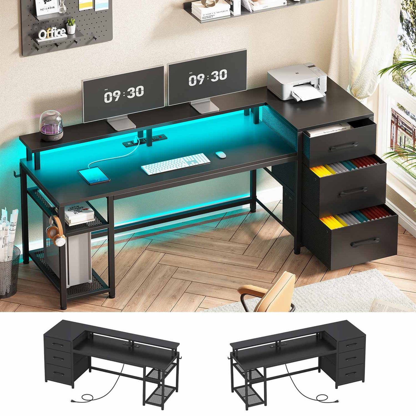 59 Inches Reversible LED Gaming Desk with File Drawers Black