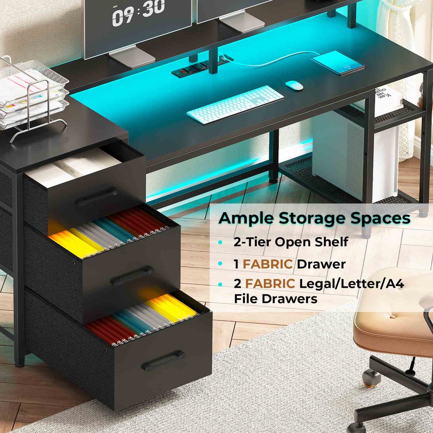 59 Inches Reversible LED Gaming Desk with File Drawers Black