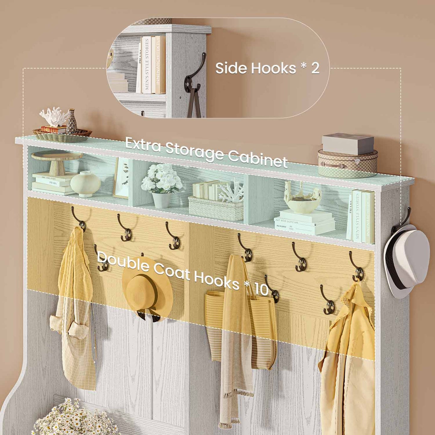59.1 Inches 5-in-1 Hall Tree with 16 Shoe Cubbies Embossed White
