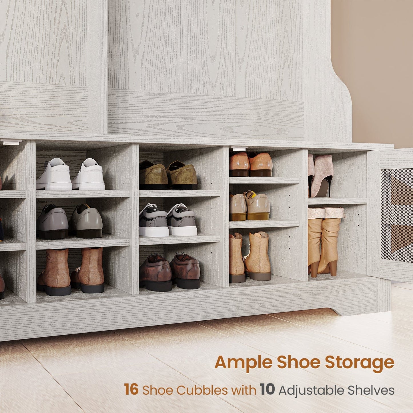 59.1 Inches 5-in-1 Hall Tree with 16 Shoe Cubbies Embossed White