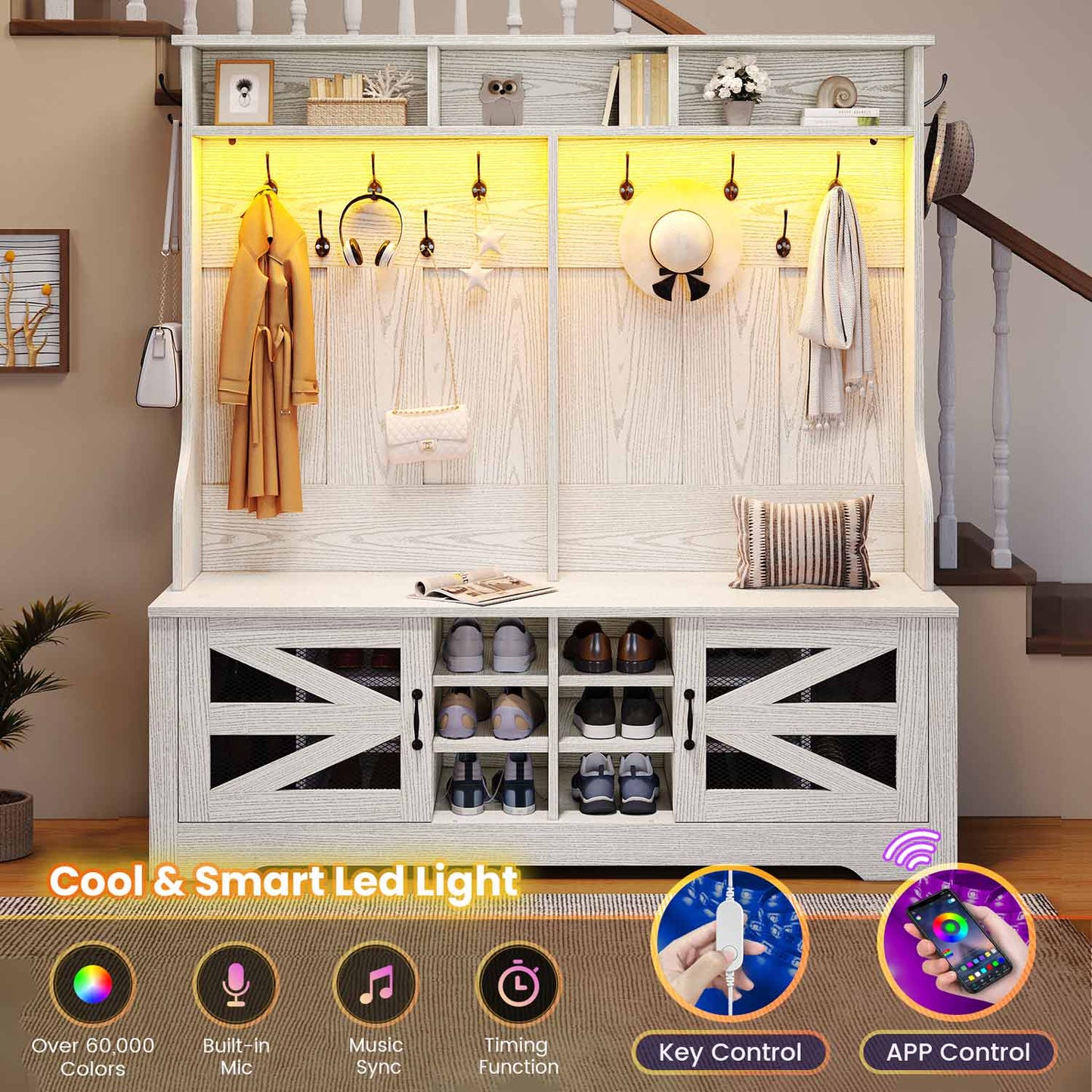 59.1 Inches 5-in-1 Hall Tree with 16 Shoe Cubbies Embossed White