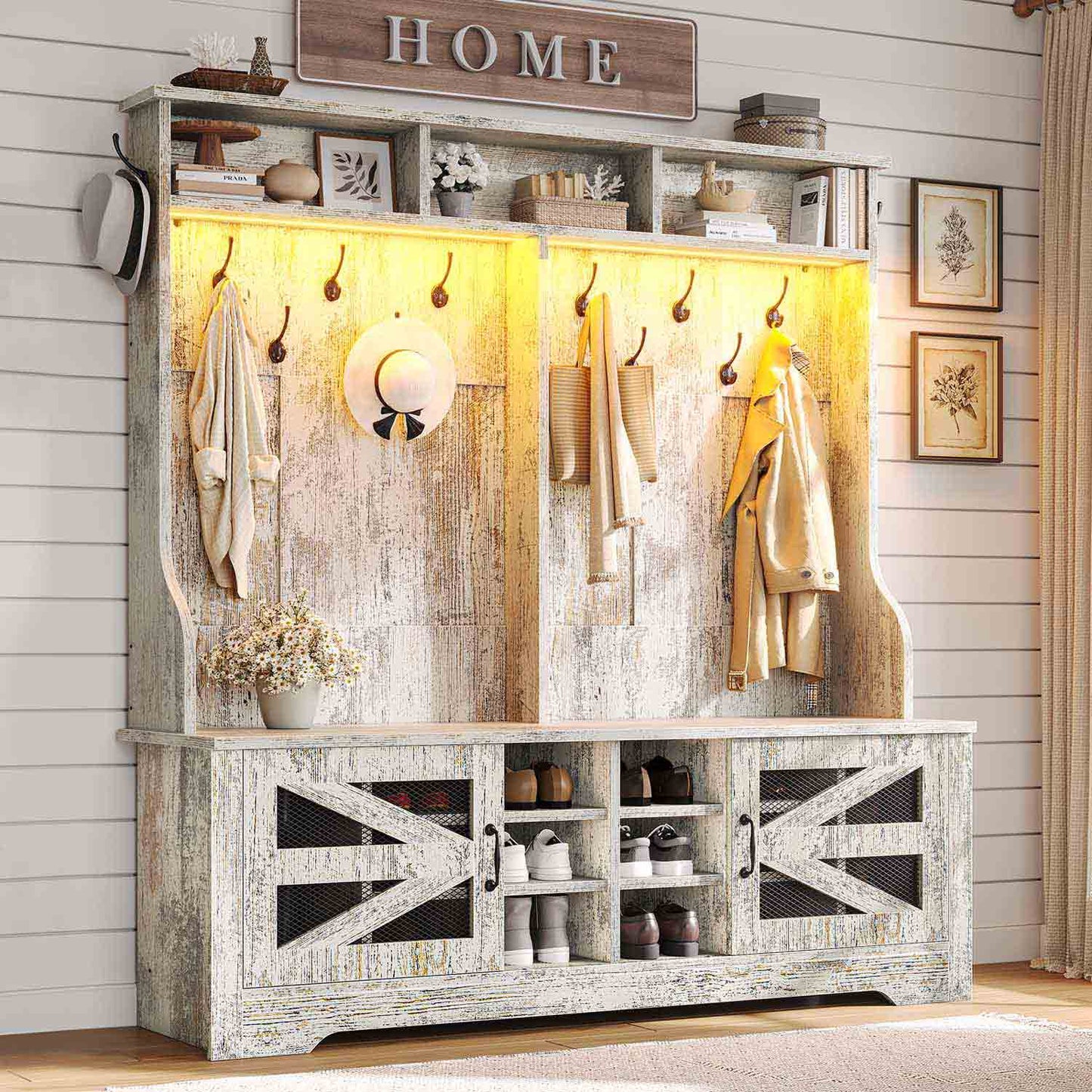 59.1 Inches 5-in-1 Hall Tree with 16 Shoe Cubbies Vintage White