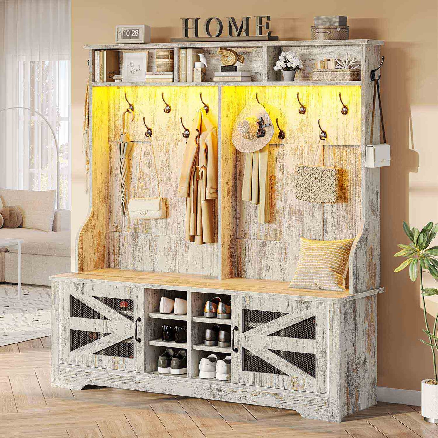 59.1 Inches 5-in-1 Hall Tree with 16 Shoe Cubbies Vintage White