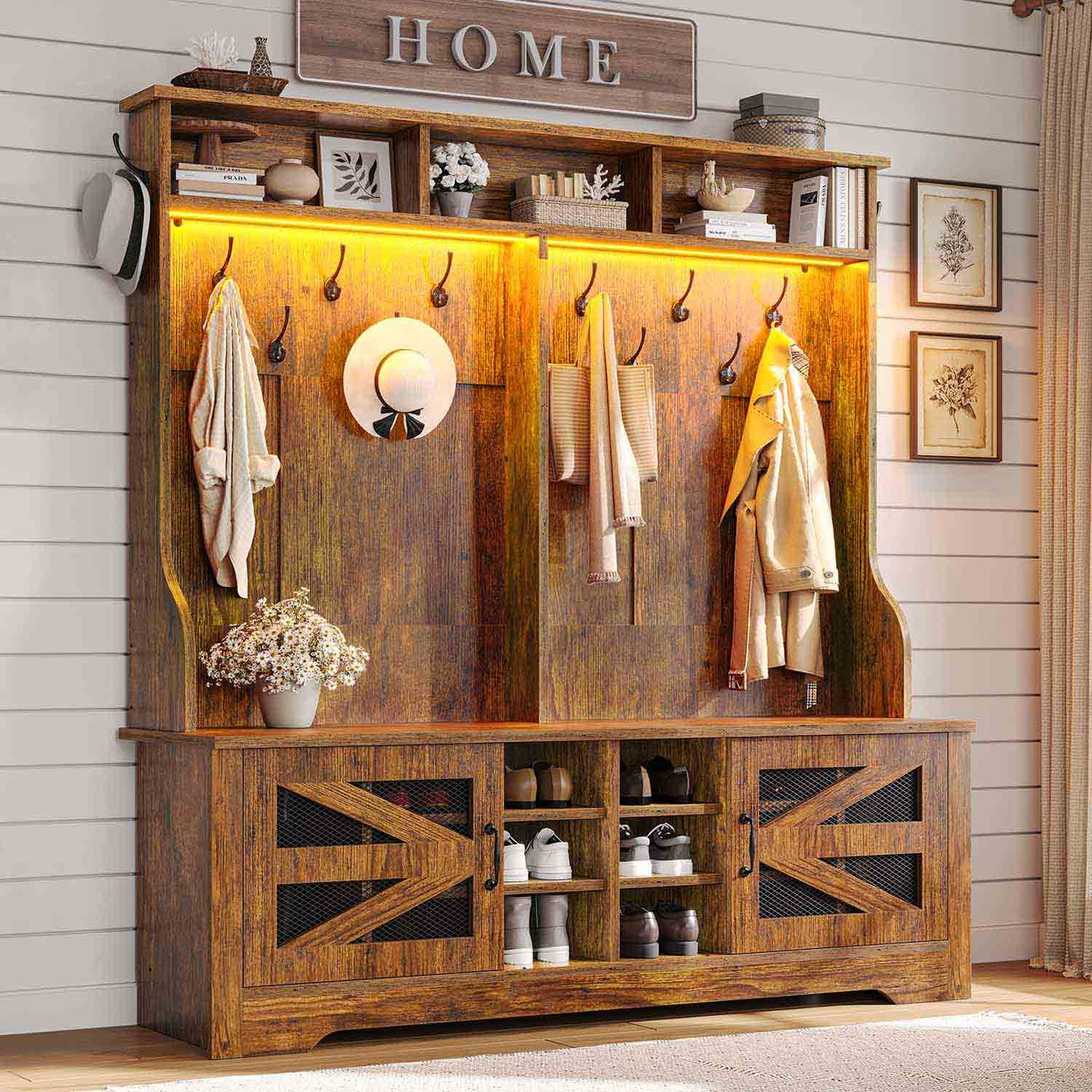 59.1 Inches 5-in-1 Hall Tree with 16 Shoe Cubbies Rustic Brown