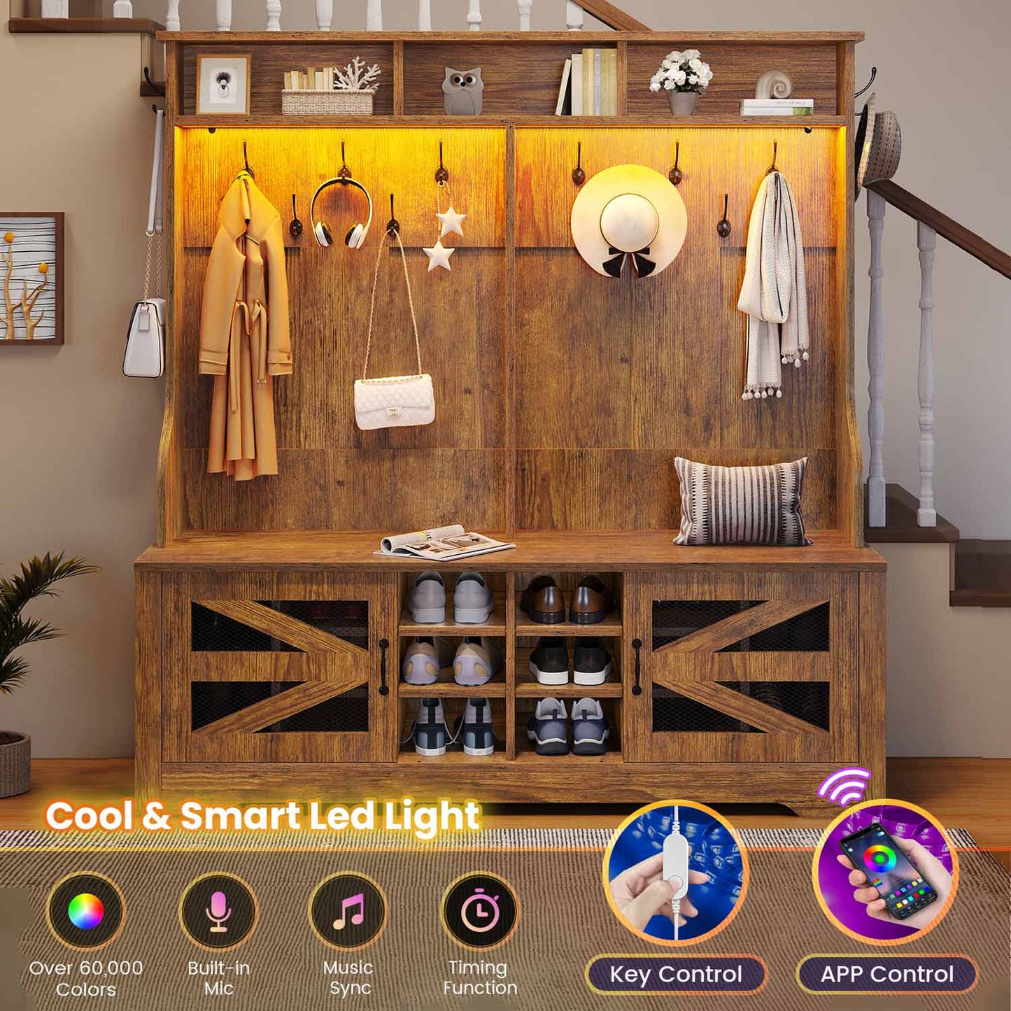 59.1 Inches 5-in-1 Hall Tree with 16 Shoe Cubbies Rustic Brown