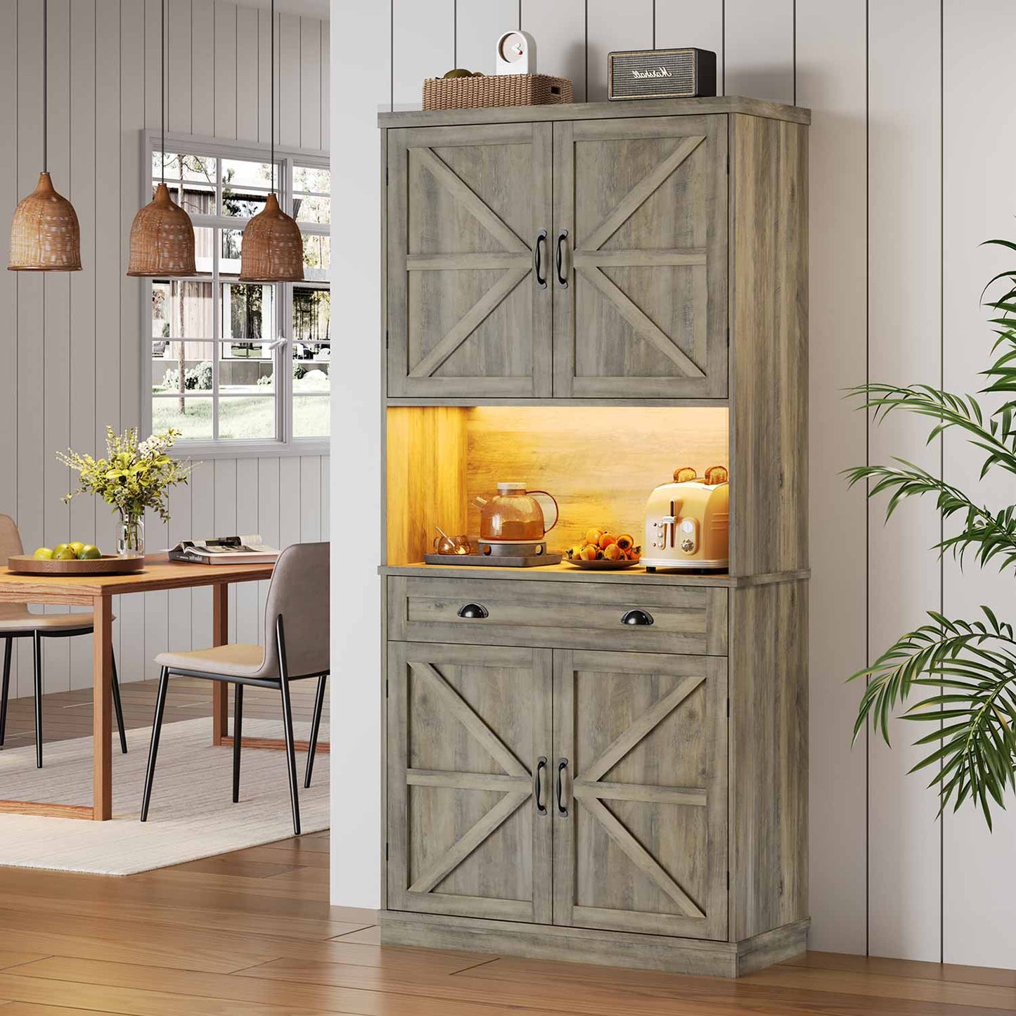 72.6 Inches Kitchen Pantry Cabinet with LED Lights Grey