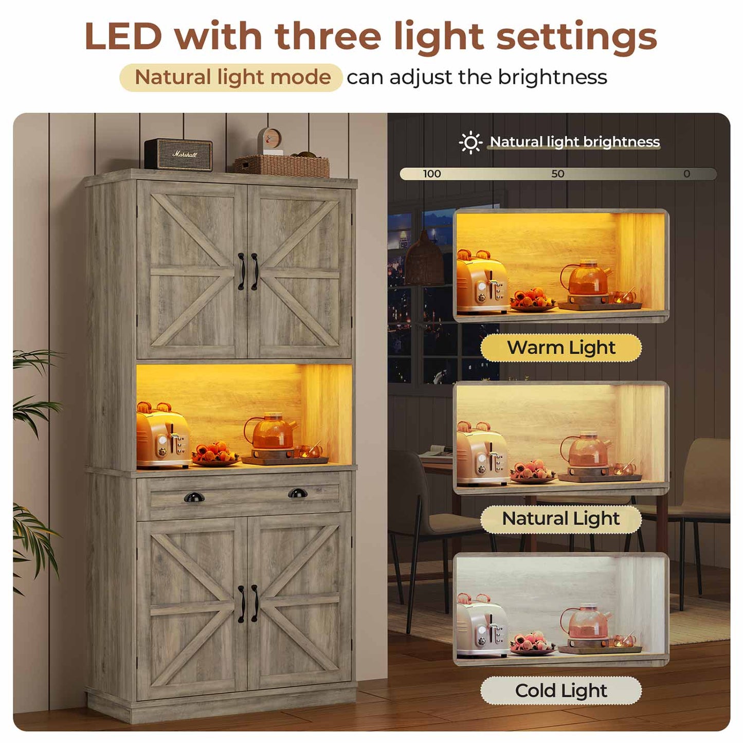 72.6 Inches Kitchen Pantry Cabinet with LED Lights Grey